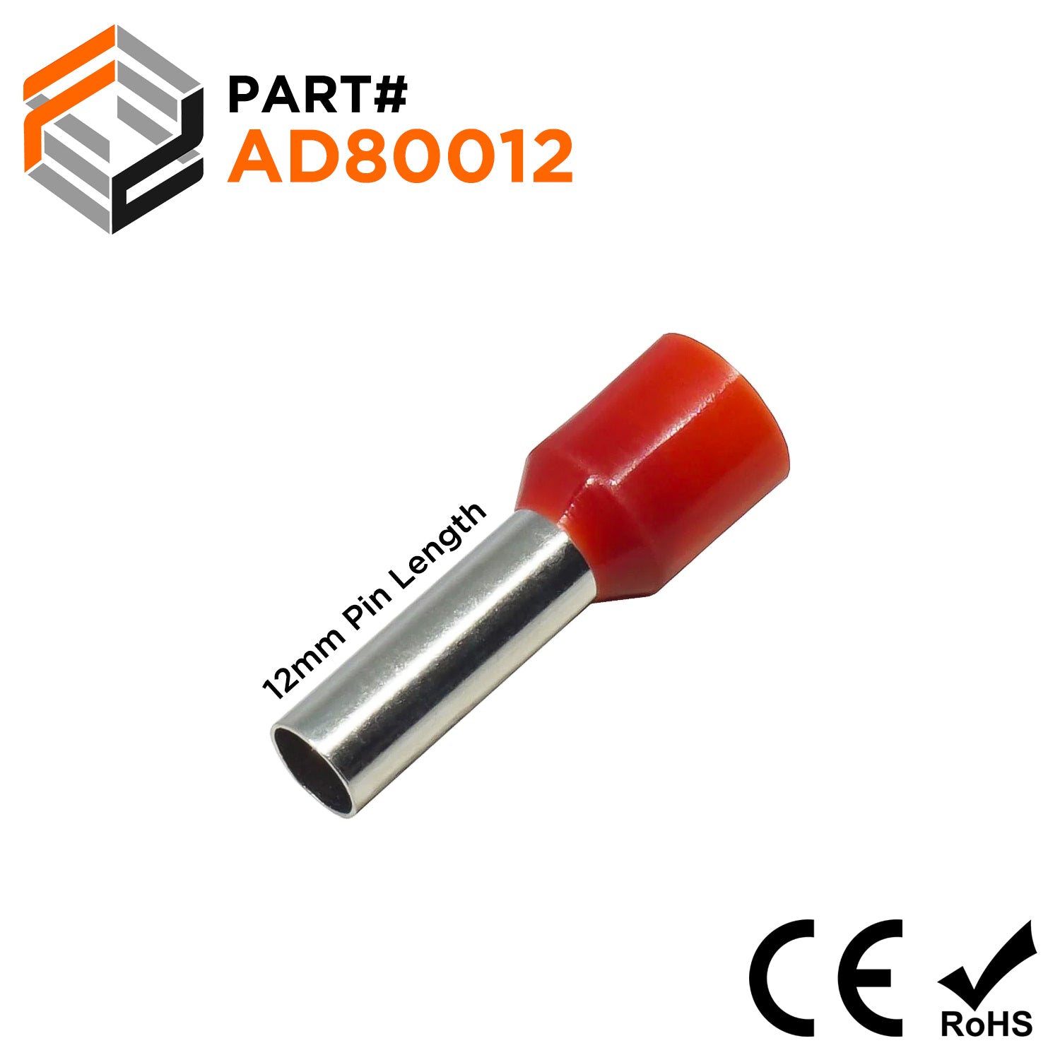 AD80012 - 8 AWG (Small Diameter) Insulated Wire Ferrules, 12mm Pin, Red, 100 Pieces - Ferrules Direct