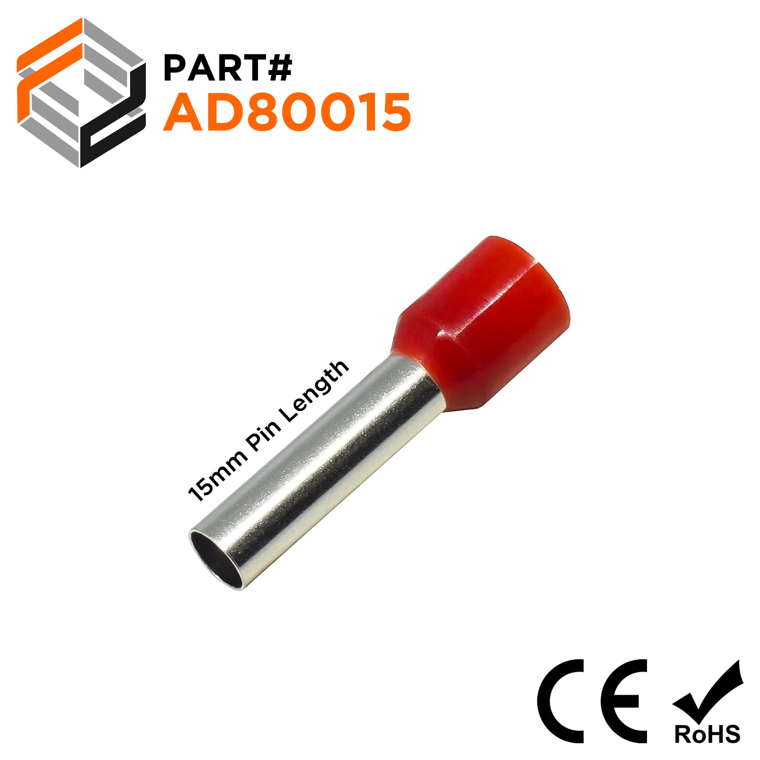 AD80015 - 8 AWG (Small Diameter) Insulated Wire Ferrules, 15mm Pin, Red, 100 Pieces - Ferrules Direct
