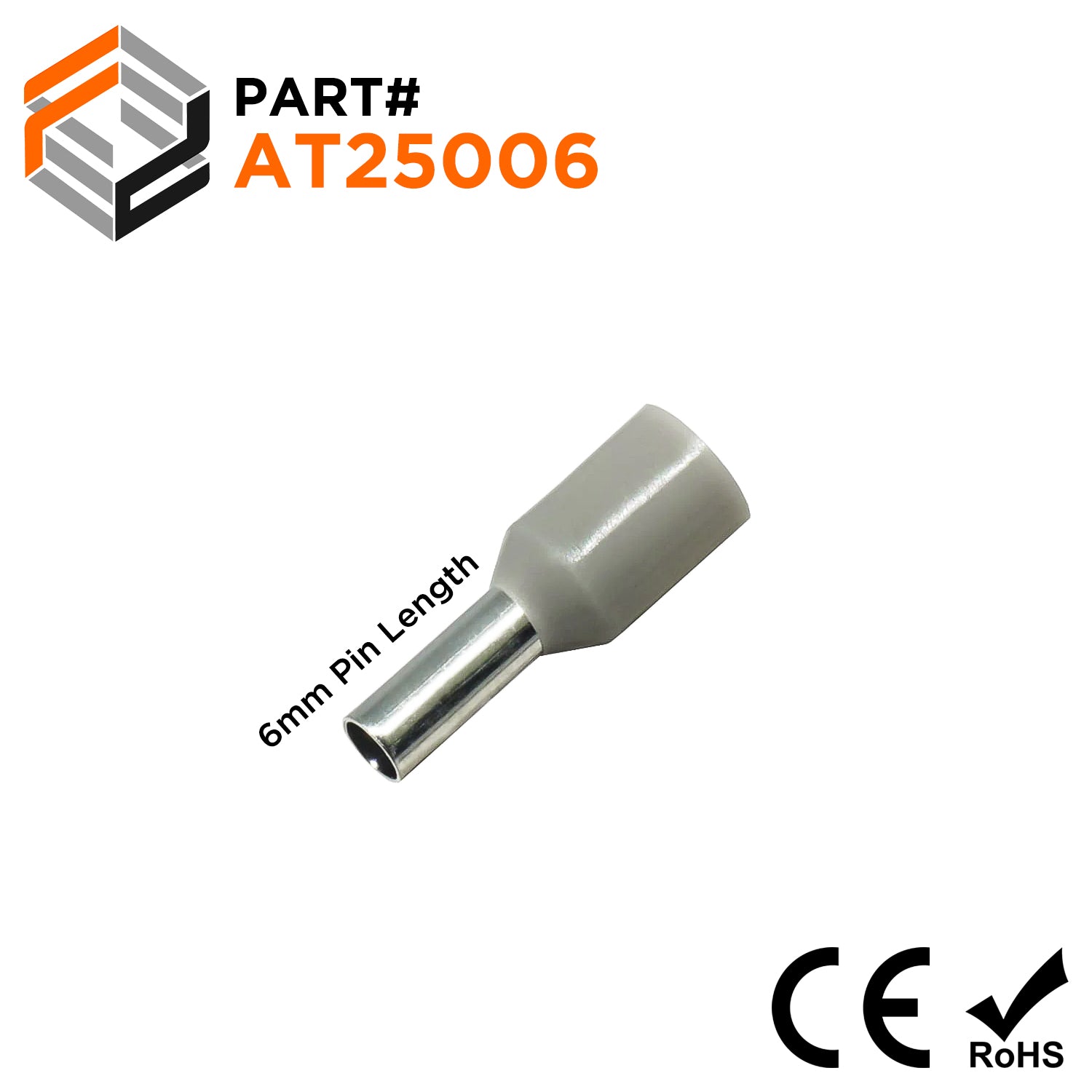 AT25006 - 14 AWG Insulated Wire Ferrules, 6mm Pin, Gray, 500 Pieces - Ferrules Direct