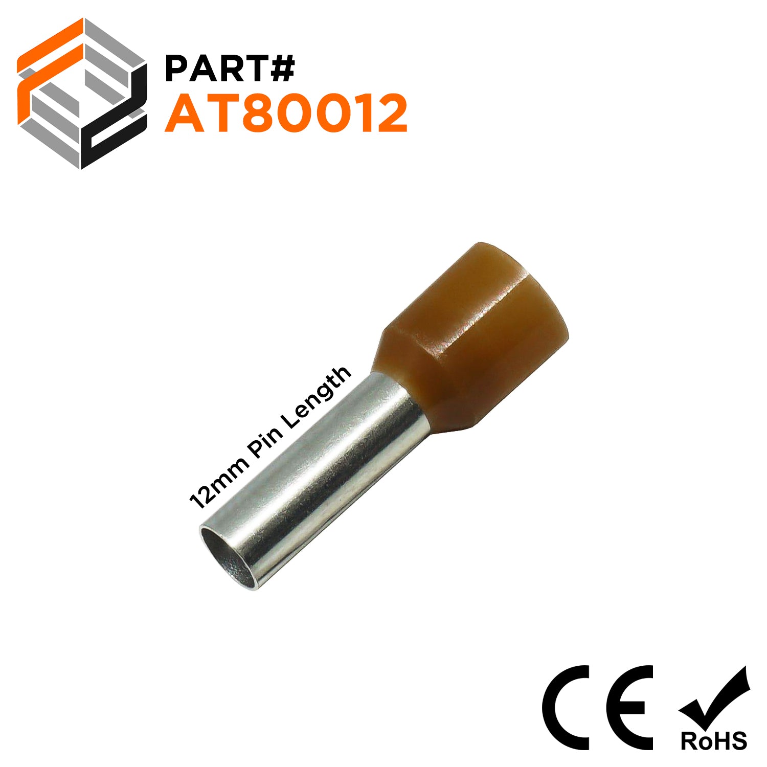 AT80012 - 8 AWG (Small Diameter) Insulated Wire Ferrules, 12mm Pin, Brown, 100 Pieces - Ferrules Direct
