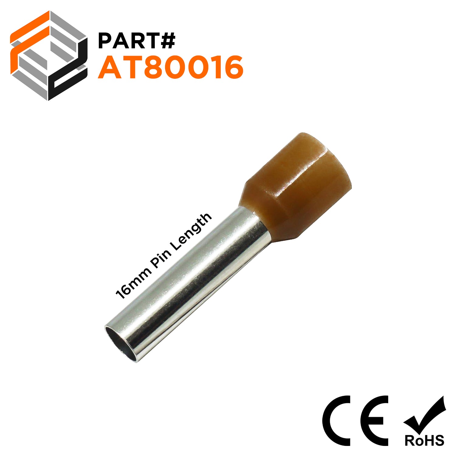 AT80016 - 8 AWG (Small Diameter) Insulated Wire Ferrules, 16mm Pin, Brown, 100 Pieces - Ferrules Direct