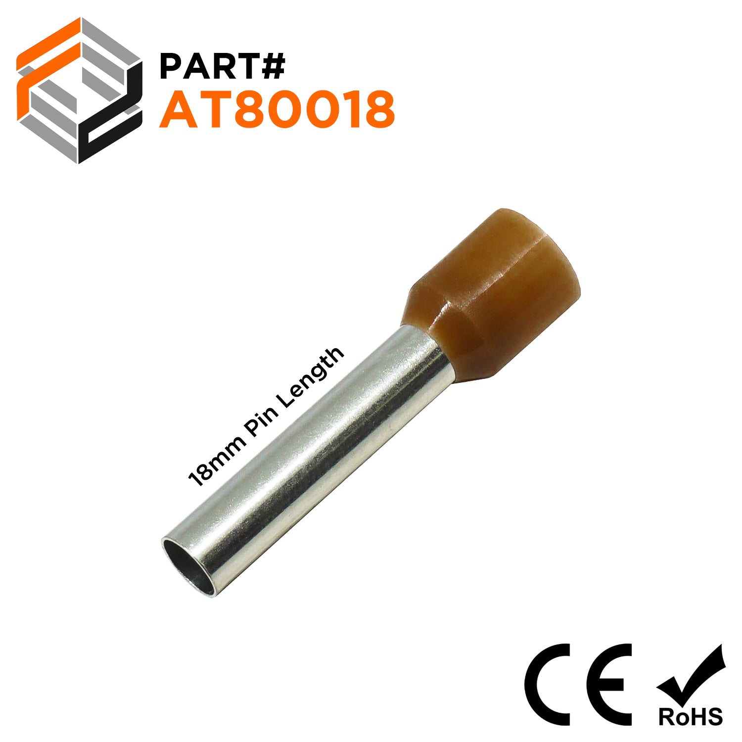 AT80018 - 8 AWG (Small Diameter) Insulated Wire Ferrules, 18mm Pin, Brown, 100 Pieces - Ferrules Direct