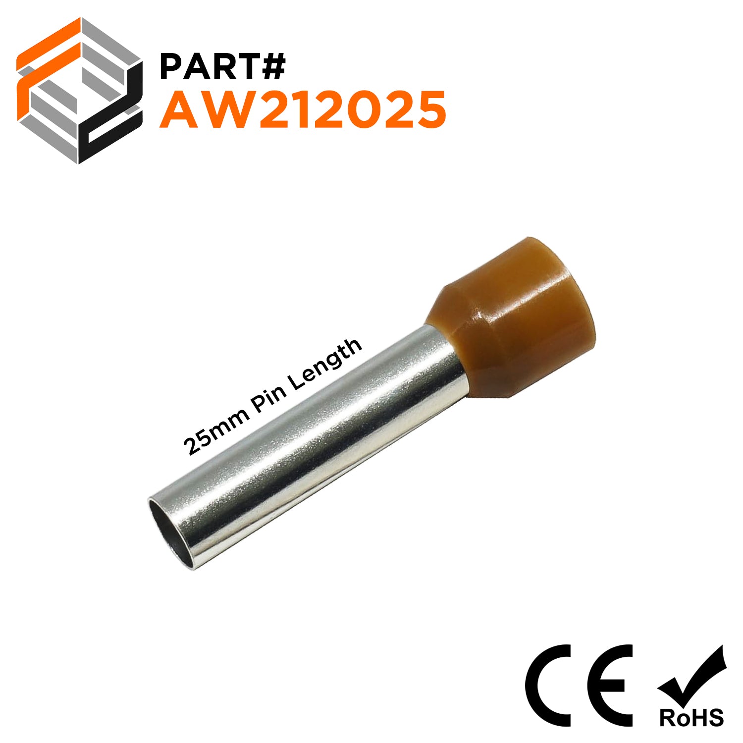AW212025 - 4 AWG (Small Diameter) Insulated Wire Ferrules, 25mm Pin, Brown, 100 Pieces - Ferrules Direct