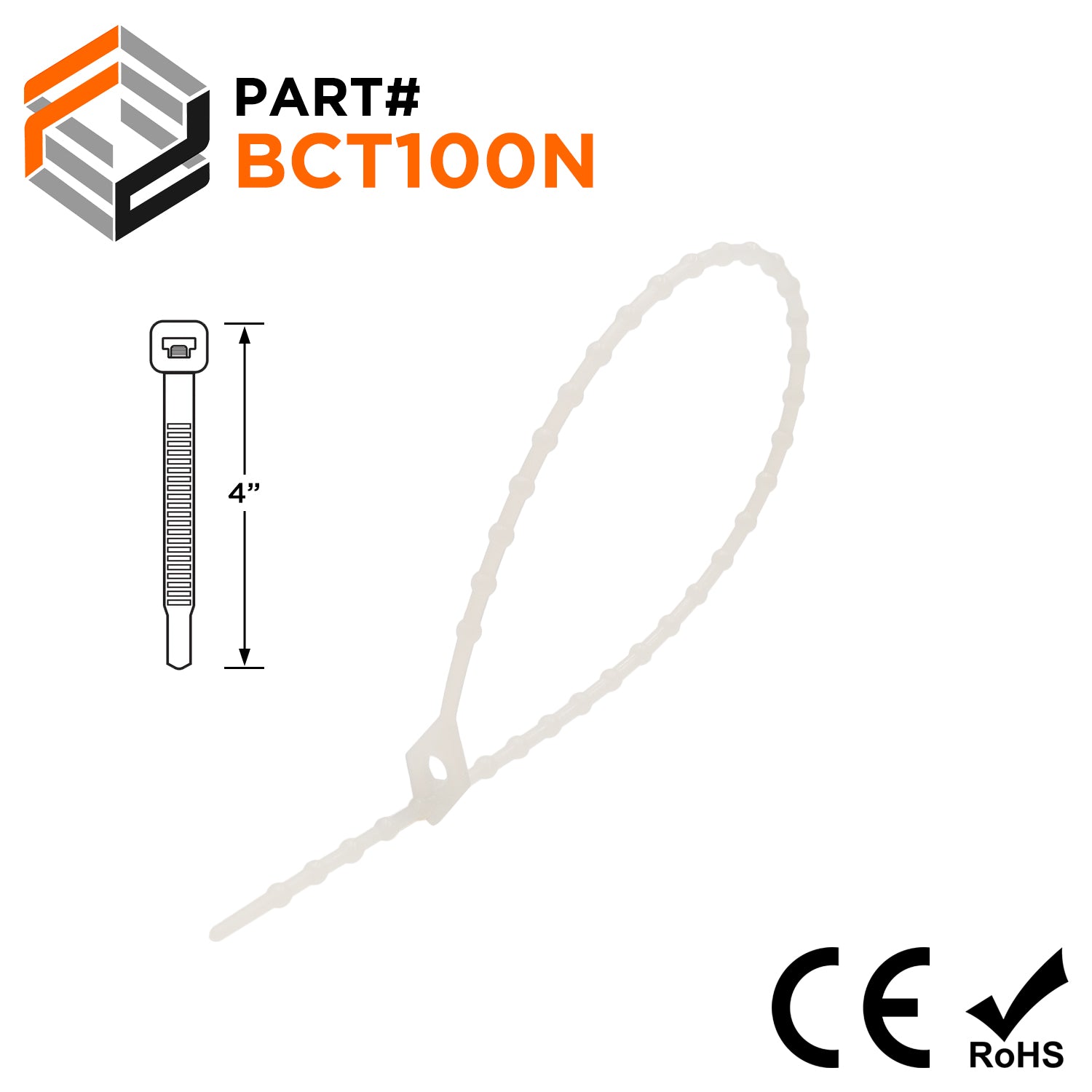 BCT100N - 4" Miniature Beaded Nylon Reusable Cable Ties, 18-lb Tensile Strength, Natural, 100-Pack - Ferrules Direct
