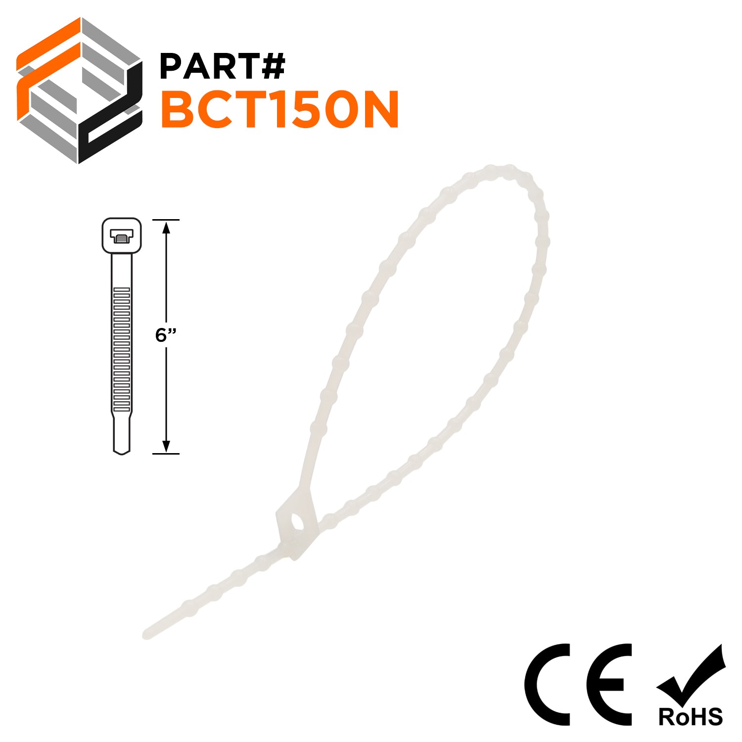 BCT150N - 6" Standard Beaded Nylon Reusable Cable Ties, 40-lb Tensile Strength, Natural, 100-Pack - Ferrules Direct