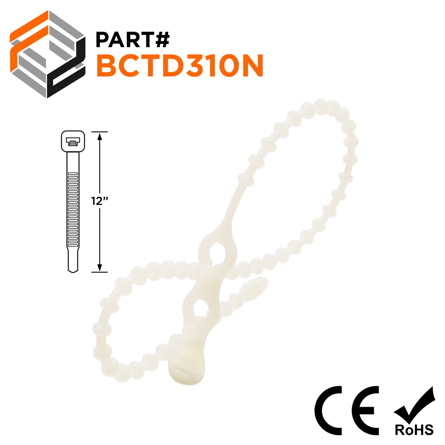 BCTD310N - 12" Standard Double Loop Beaded Nylon Reusable Cable Ties, 50-lb Tensile Strength, Natural, 100-Pack - Ferrules Direct
