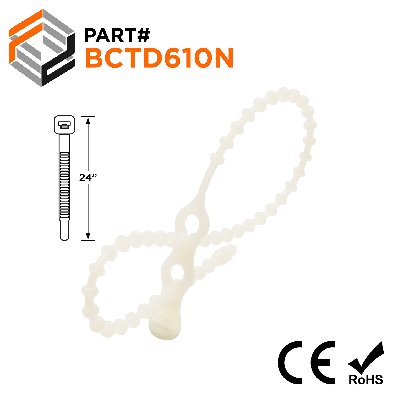 BCTD610N - 24" Heavy Duty Double Loop Beaded Nylon Reusable Cable Ties, 120-lb Tensile Strength, Natural, 100-Pack - Ferrules Direct