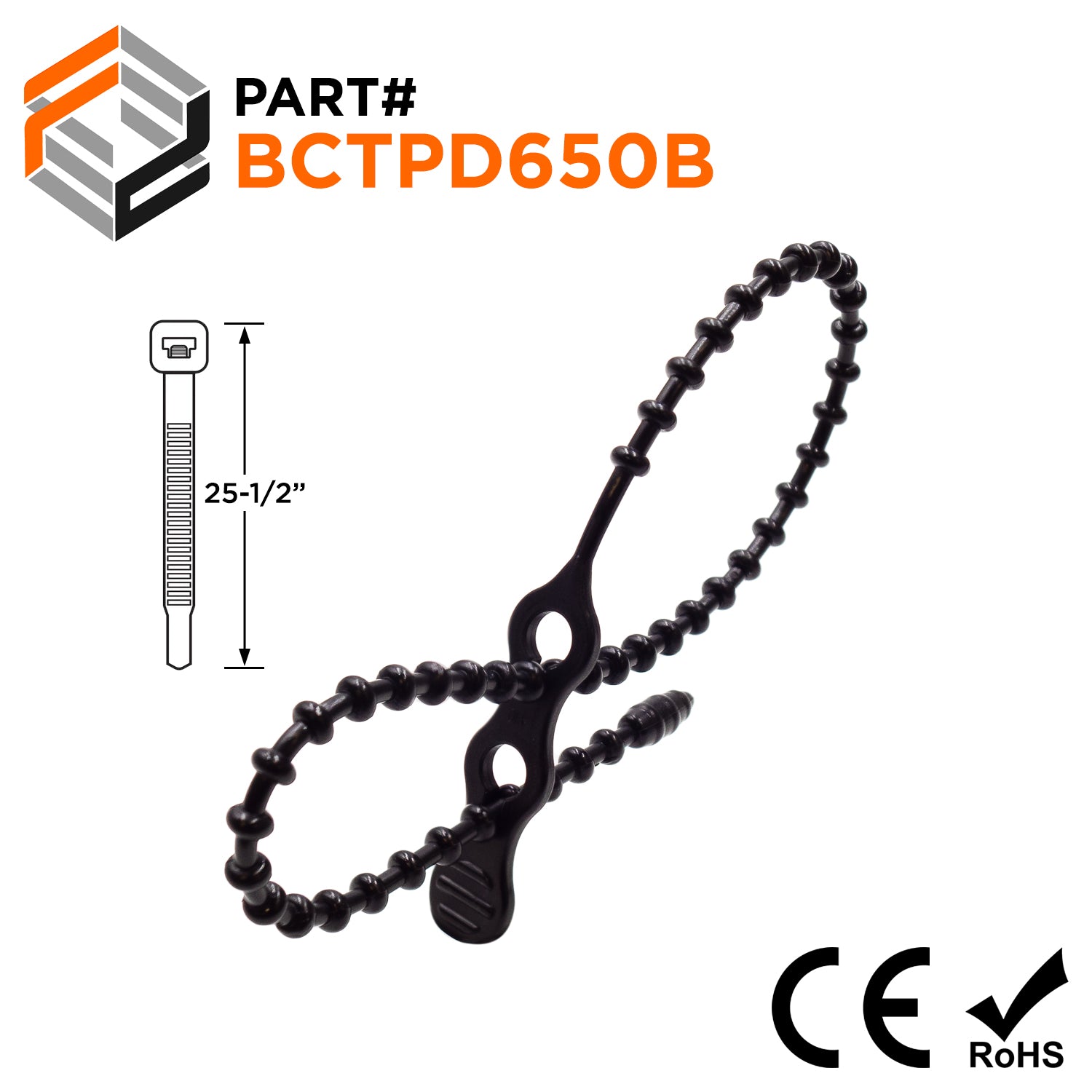 BCTPD650B - 25-1/2" Standard Double Loop Beaded Polyethylene Reusable Cable Ties, 80-lb Tensile Strength, Black, UV Resistant, 100-Pack - Ferrules Direct