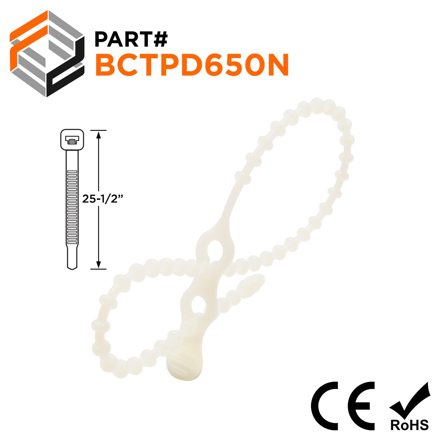 BCTPD650N - 25-1/2" Standard Double Loop Beaded Polyethylene Reusable Cable Ties, 80-lb Tensile Strength, Natural, 100-Pack - Ferrules Direct