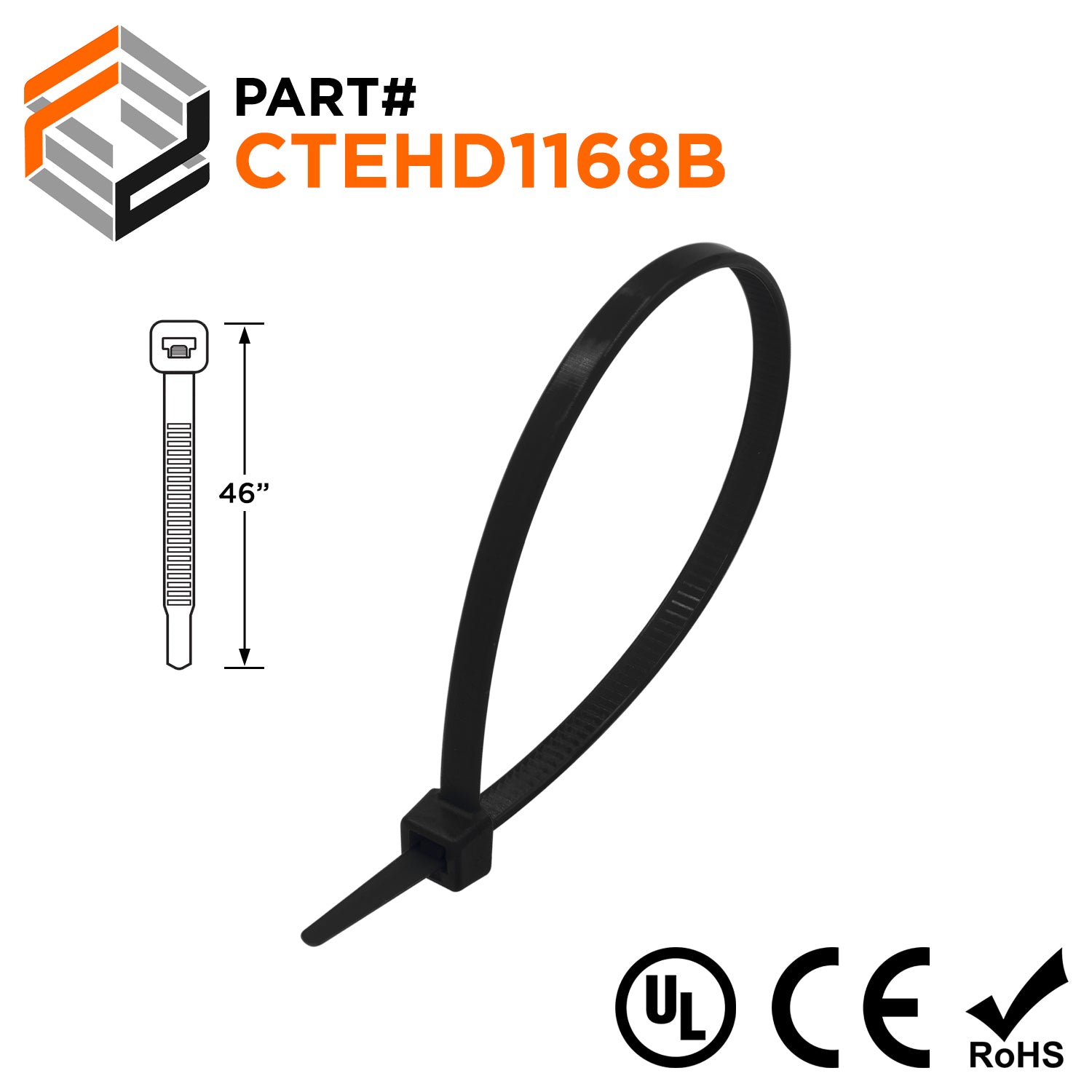 CTEHD1168B - 46" Extra Heavy Duty Cable Ties, 175-lb Tensile Strength, Black, UV Resistant, UL Recognized, 100-Pack - Ferrules Direct