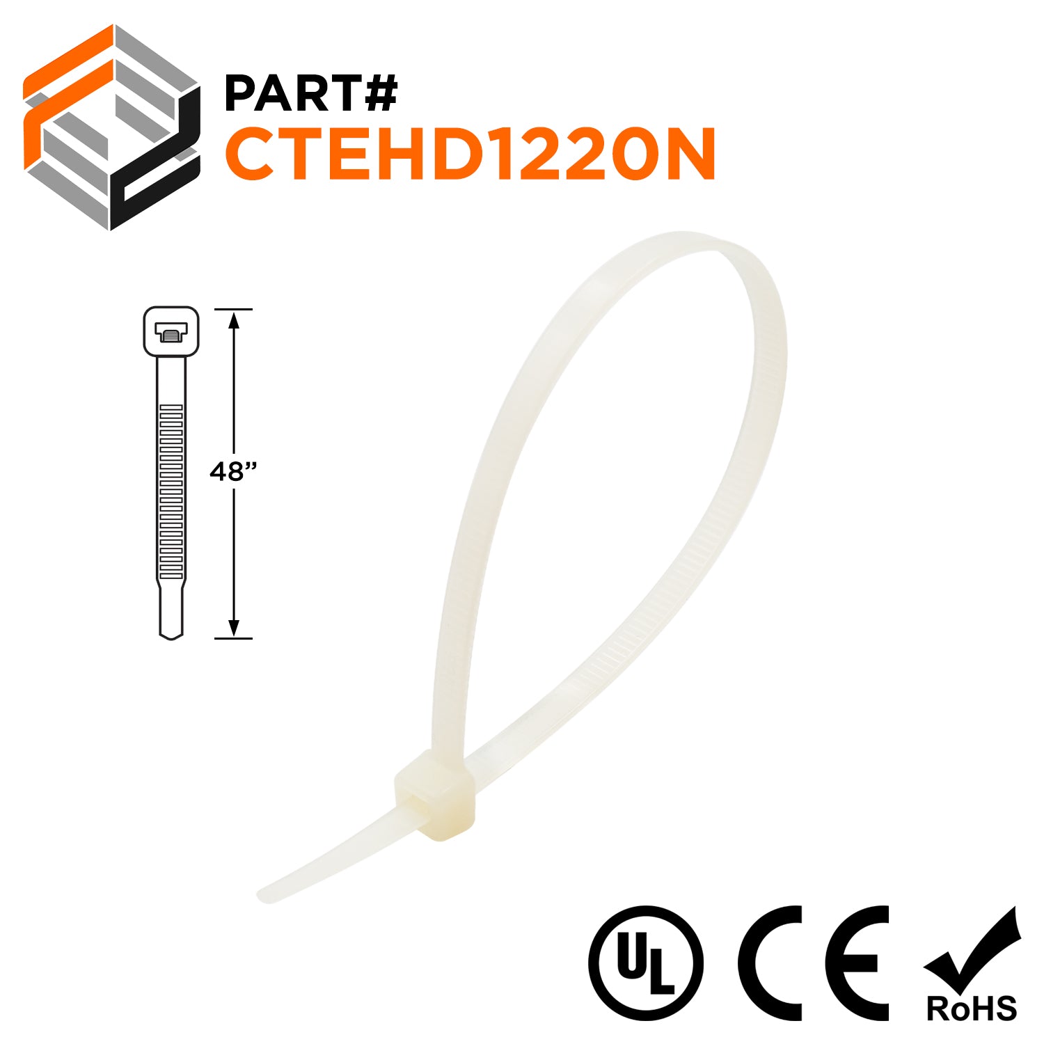 CTEHD1220N - 48" Extra Heavy Duty Cable Ties, 175-lb Tensile Strength, Natural, UL Recognized, 100-Pack - Ferrules Direct