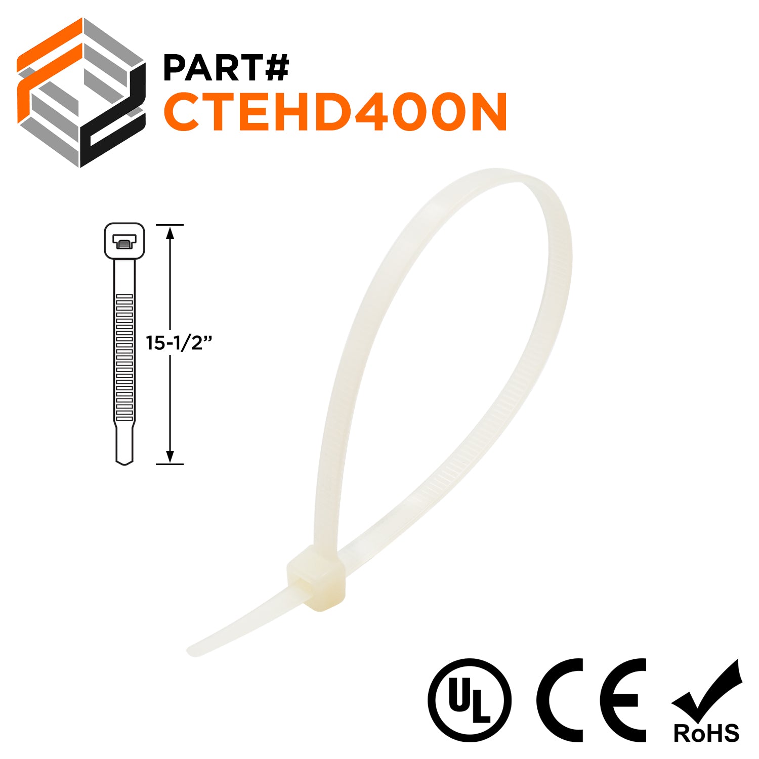 CTEHD400N - 15-1/2" Extra Heavy Duty Cable Ties, 175-lb Tensile Strength, Natural, UL Recognized, 100-Pack - Ferrules Direct