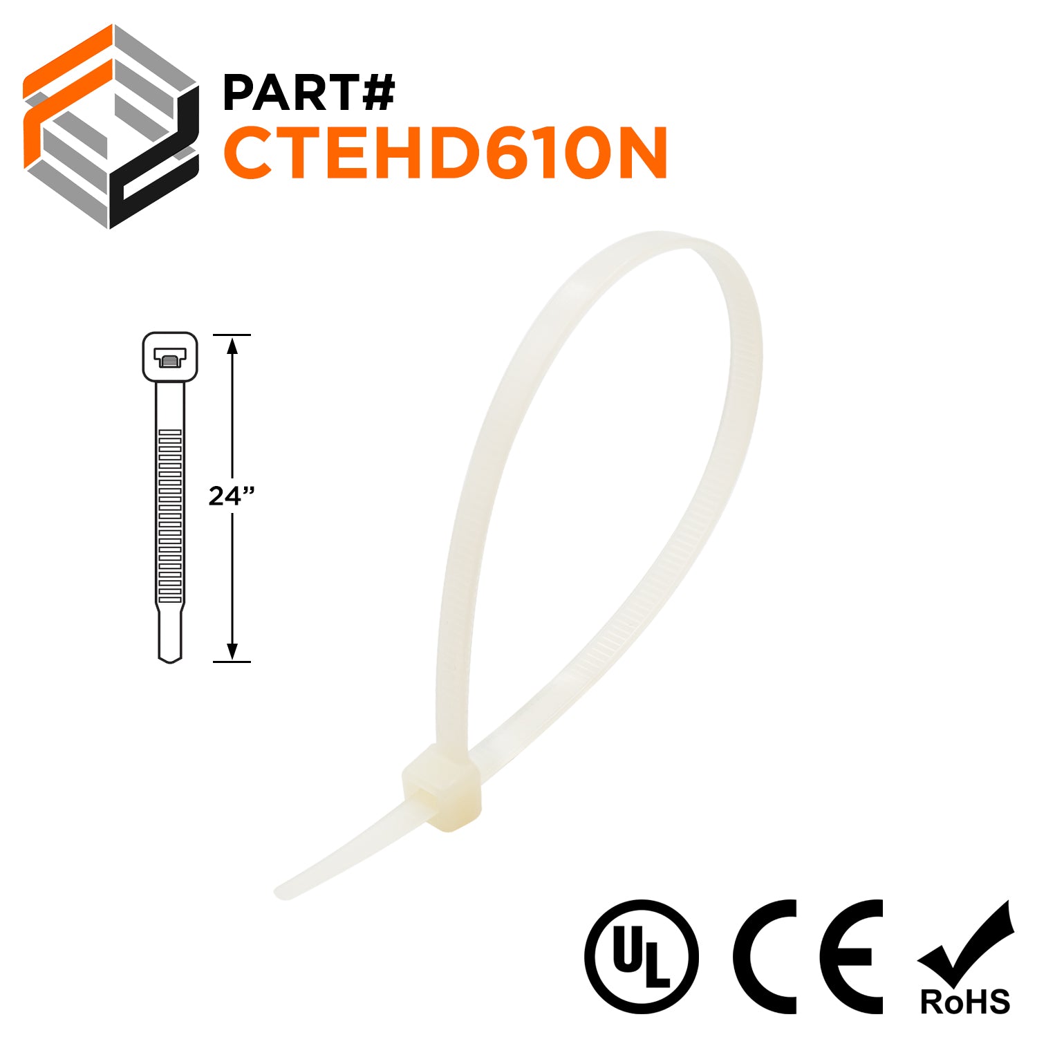 CTEHD610N - 24" Extra Heavy Duty Cable Ties, 175-lb Tensile Strength, Natural, UL Recognized, 100-Pack - Ferrules Direct