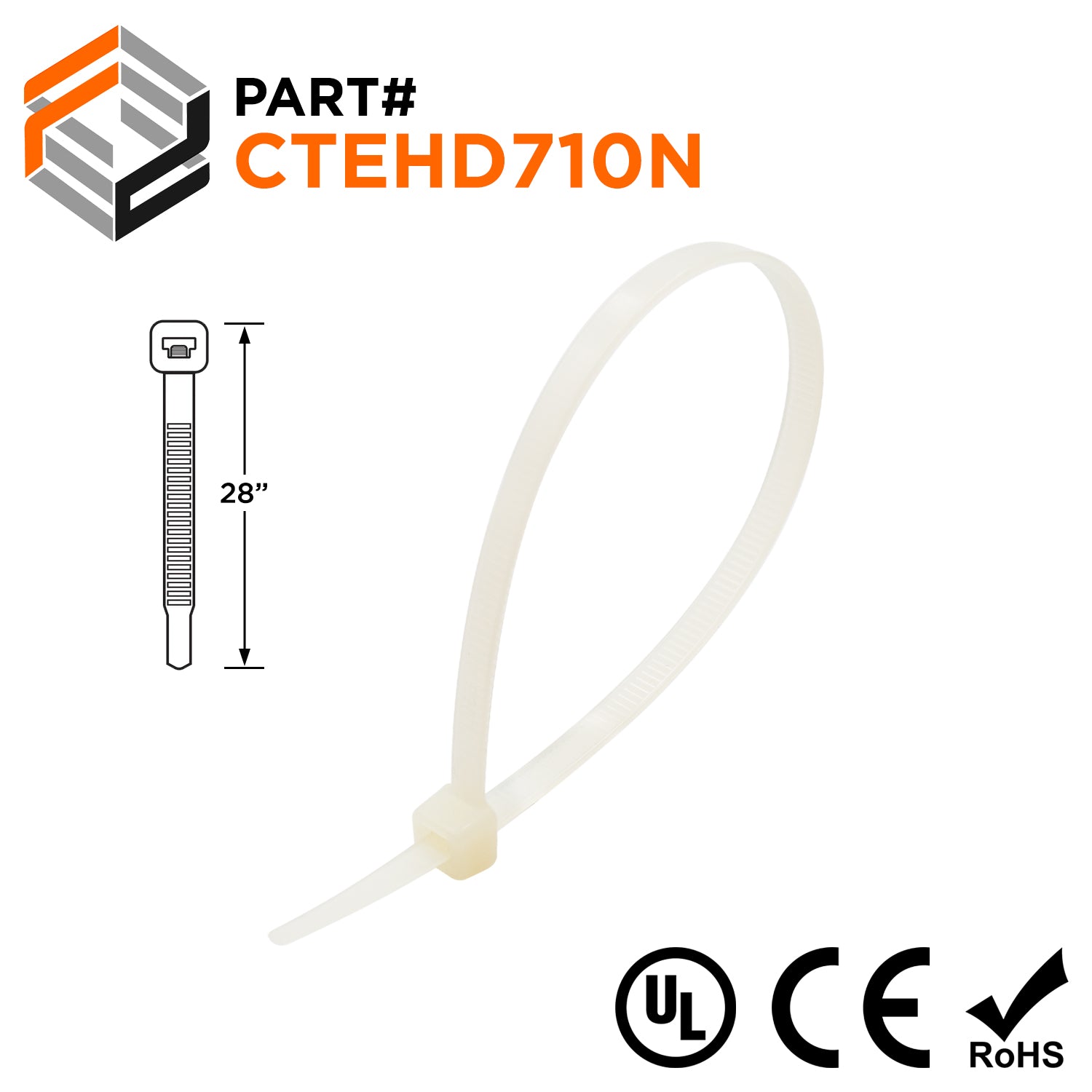 CTEHD710N - 28" Extra Heavy Duty Cable Ties, 175-lb Tensile Strength, Natural, UL Recognized, 100-Pack - Ferrules Direct