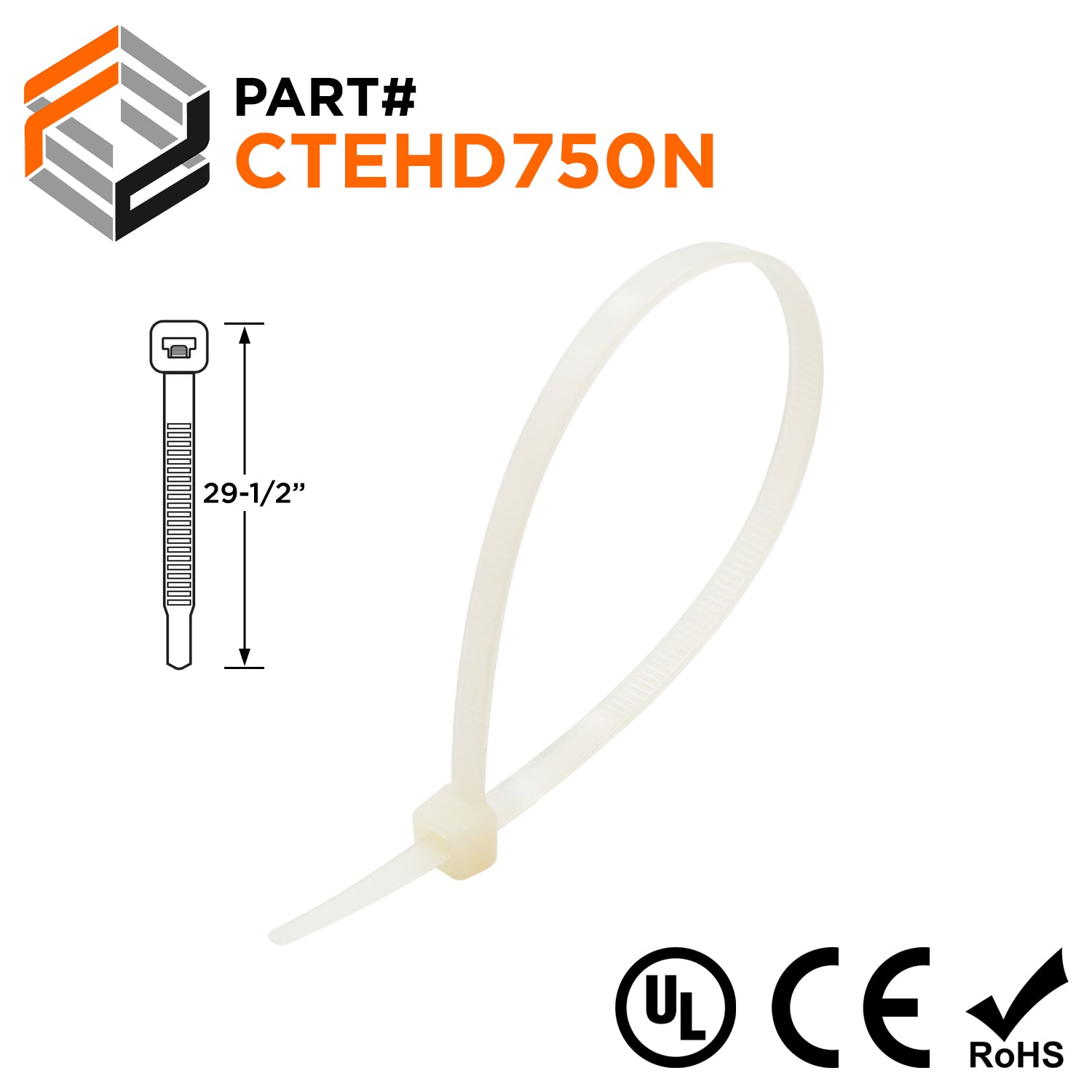 CTEHD750N - 29-1/2" Extra Heavy Duty Cable Ties, 175-lb Tensile Strength, Natural, UL Recognized, 100-Pack - Ferrules Direct