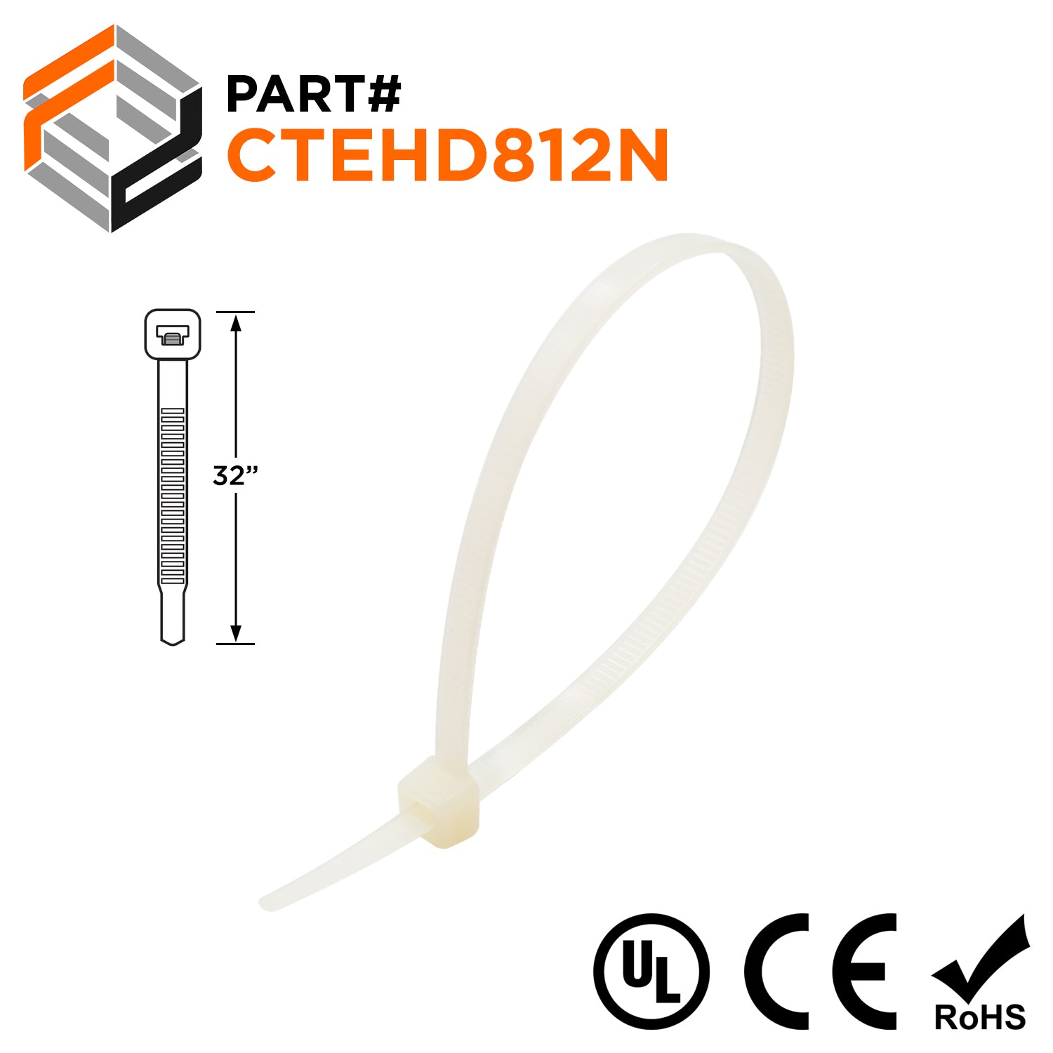 CTEHD812N - 32" Extra Heavy Duty Cable Ties, 175-lb Tensile Strength, Natural, UL Recognized, 100-Pack - Ferrules Direct