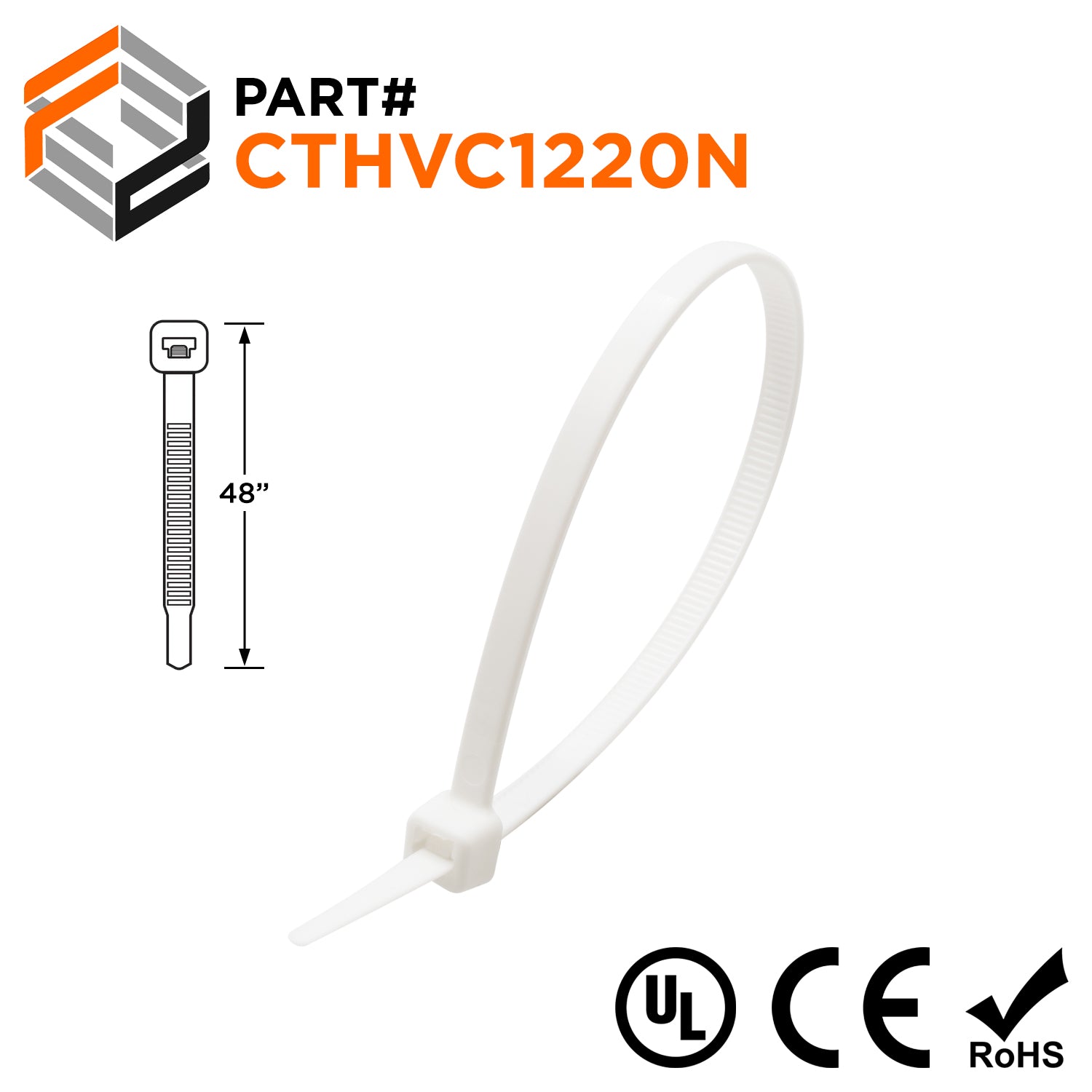 CTHVC1220N - 48" Nylon Duct Straps, 175-lb Tensile, Natural, UL Recognized, HVAC Ties, 50-Pack - Ferrules Direct