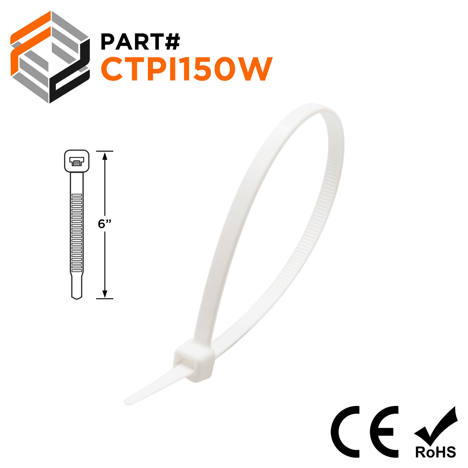 CTPI150W - 6" Polypropylene Intermediate Cable Ties, 18-lb Tensile Strength, White, 100-Pack - Ferrules Direct