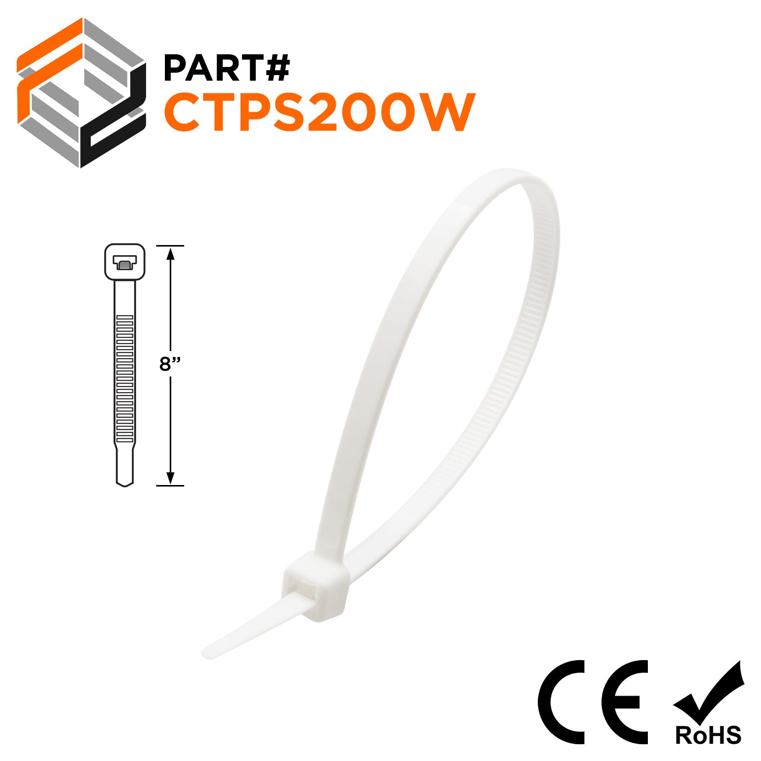 CTPS200W - 8" Polypropylene Standard Cable Ties, 30-lb Tensile Strength, White, 100-Pack - Ferrules Direct