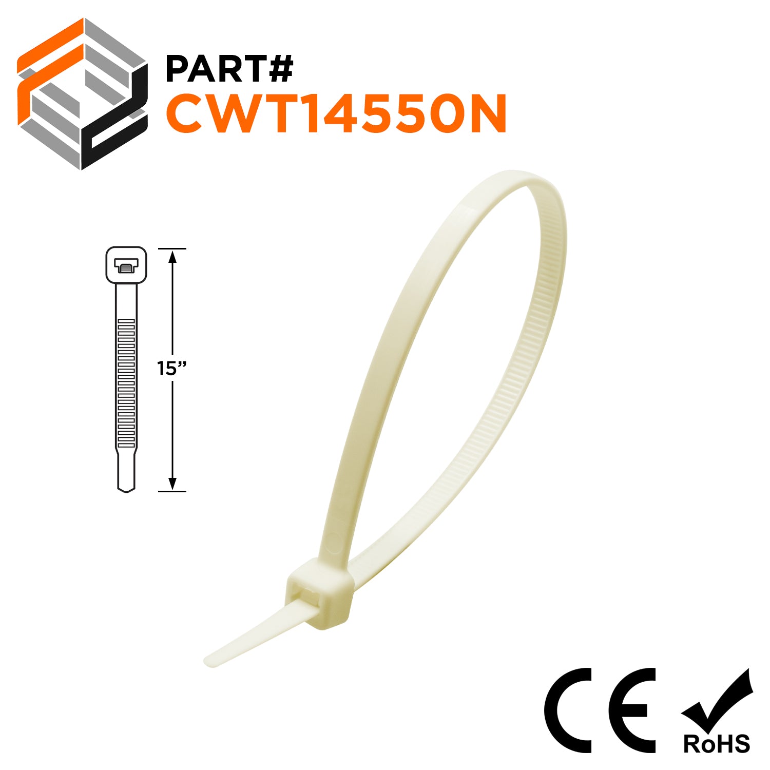 CWT14550 - 15" Extreme Temperature Standard Cable Ties, 50-lb Tensile Strength, Natural, 100-Pack - Ferrules Direct
