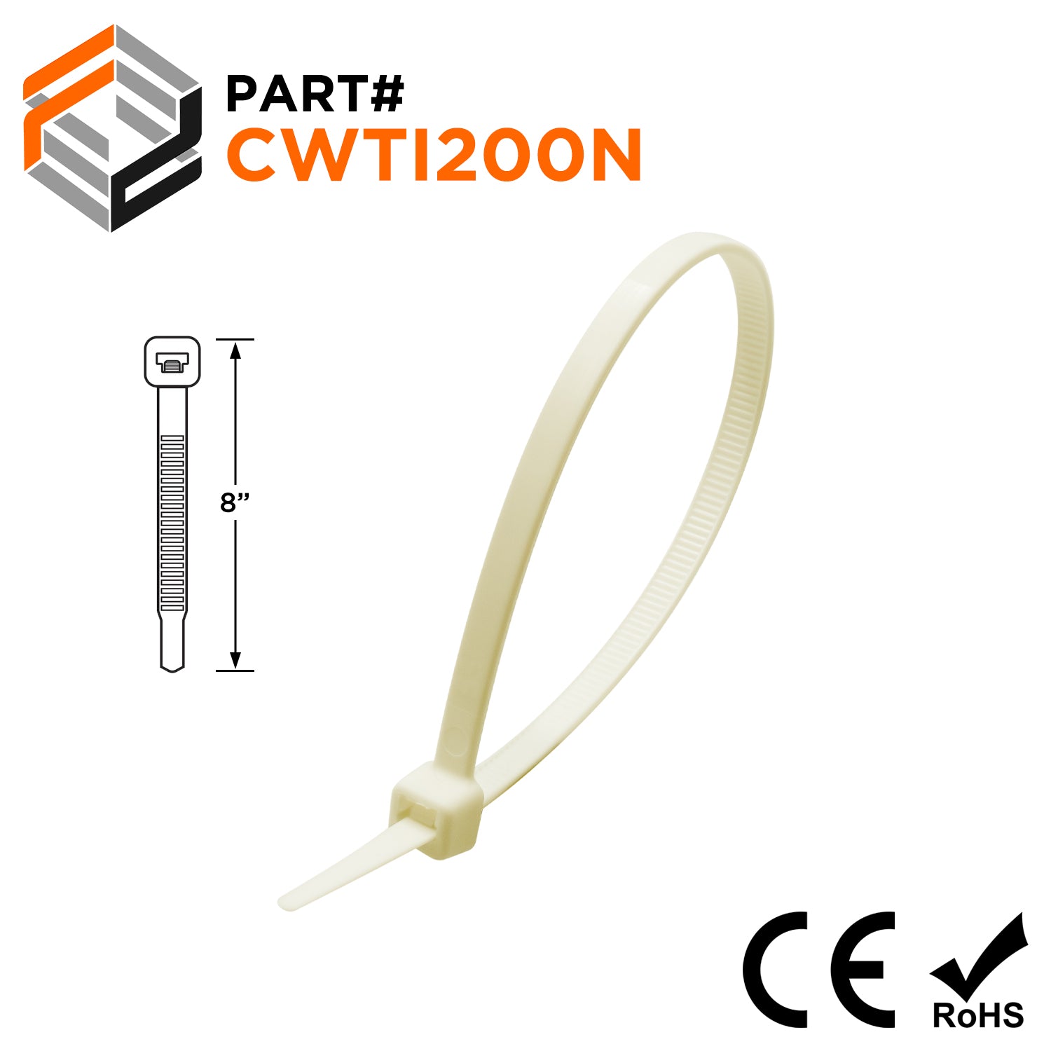 CWTI200N - 8" Extreme Cold Weather Intermediate Cable Ties, 40-lb Tensile Strength, Natural, 100-Pack - Ferrules Direct