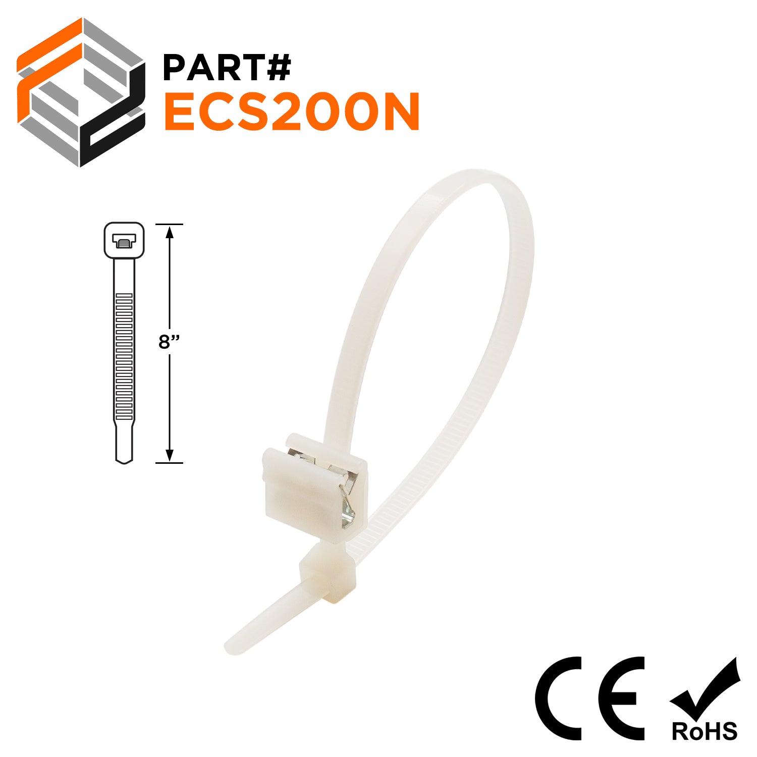 ECS200N - 8" Standard Cable Ties with Edge Clip Mount, 50-lb Tensile Strength, Natural, 100-Pack - Ferrules Direct