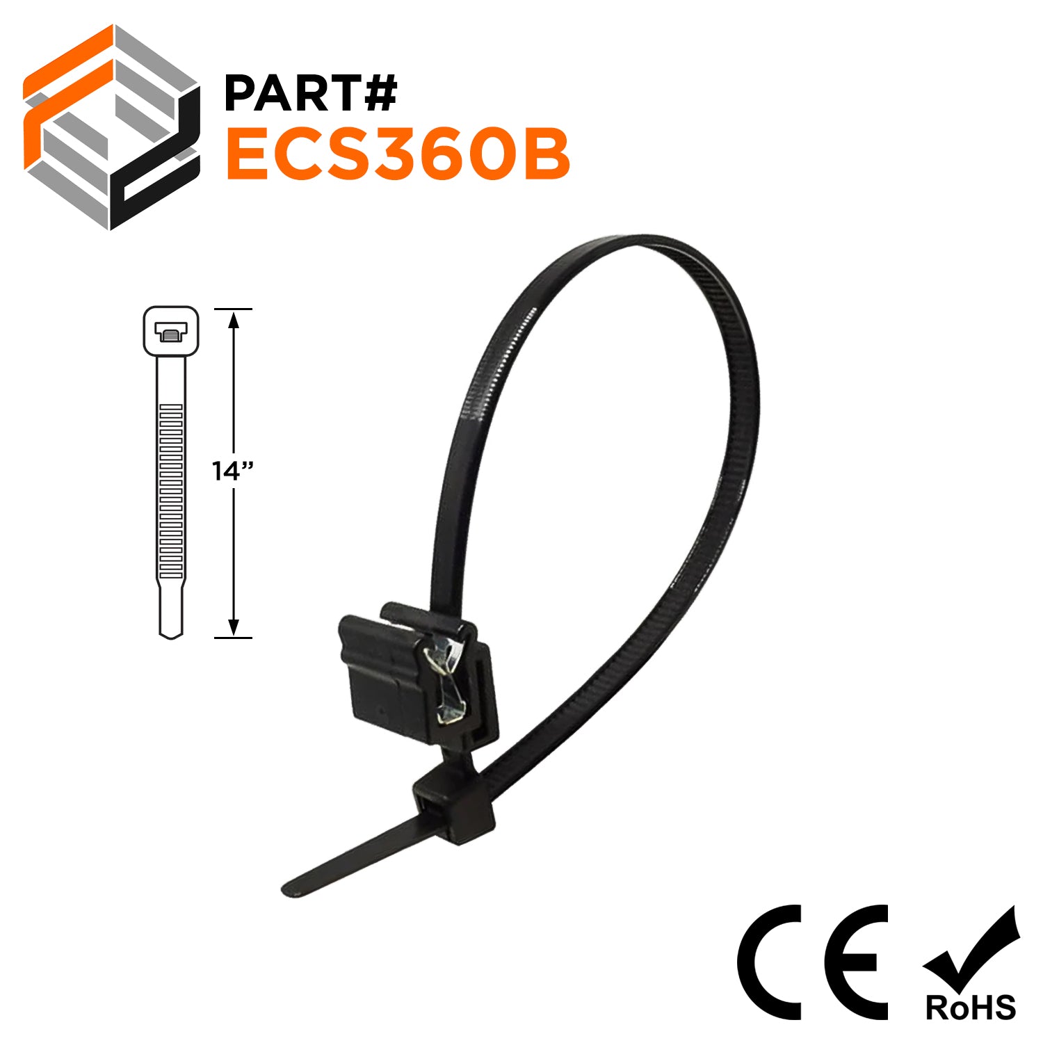 ECS360B - 14" Standard Cable Ties with Edge Clip Mount, 50-lb Tensile, Black, UV Resistant, 100-Pack - Ferrules Direct