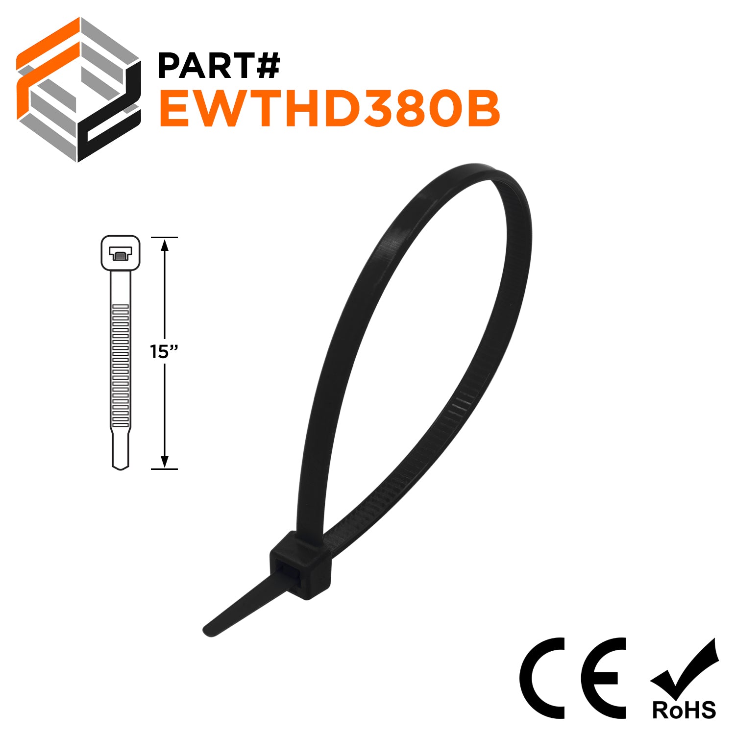 EWTHD380B - 15" Ultra Extreme Temperature Heavy Duty Cable Ties, 120-lb Tensile Strength, Black, UV Resistant, 100-Pack - Ferrules Direct