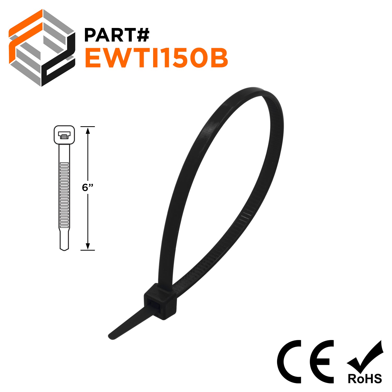 EWTI150B - 6" Ultra Extreme Temperature Intermediate Cable Ties, 40-lb Tensile Strength, Black, UV Resistant, 100-Pack - Ferrules Direct