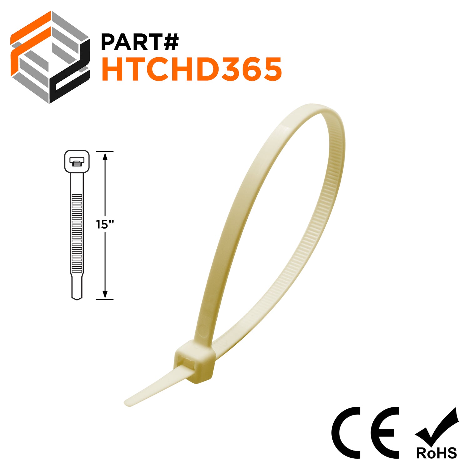 HTCHD365 - 15" High Temp Heavy Duty Cable Ties, 120-lb Tensile Strength, 266°F, 100-Pack - Ferrules Direct