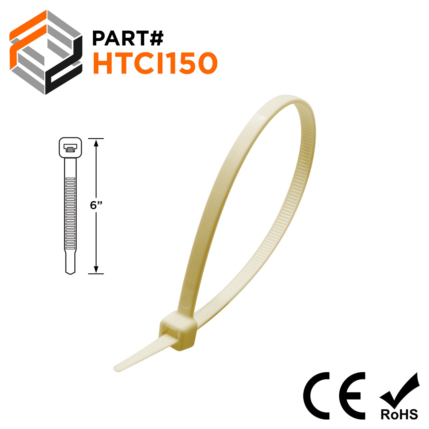 HTCI150 - 6" High Temp Intermediate Cable Ties, 40-lb Tensile Strength, 266°F, 100-Pack - Ferrules Direct