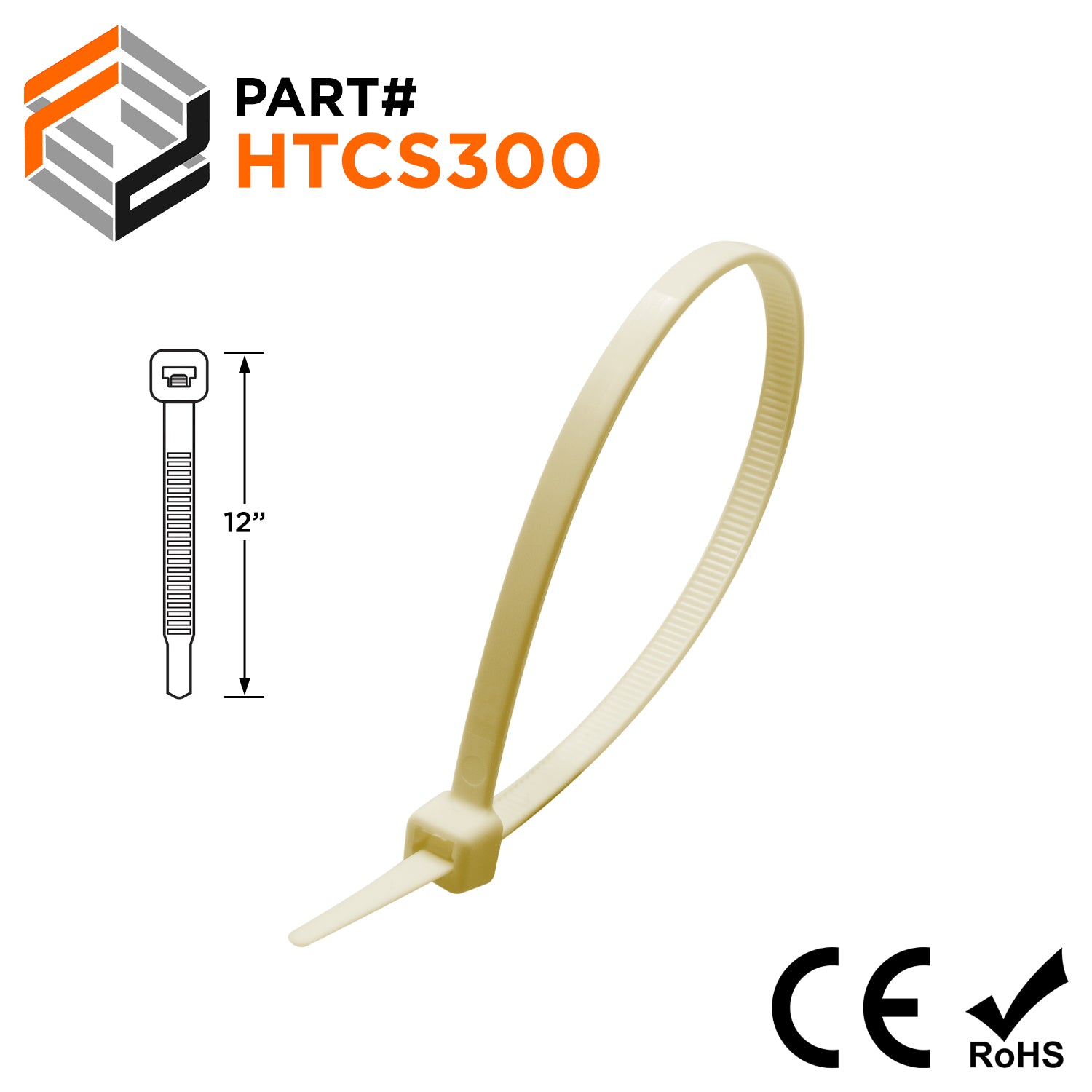HTCS300 - 12" High Temp Standard Cable Ties, 50-lb Tensile Strength, 266°F, 100-Pack - Ferrules Direct