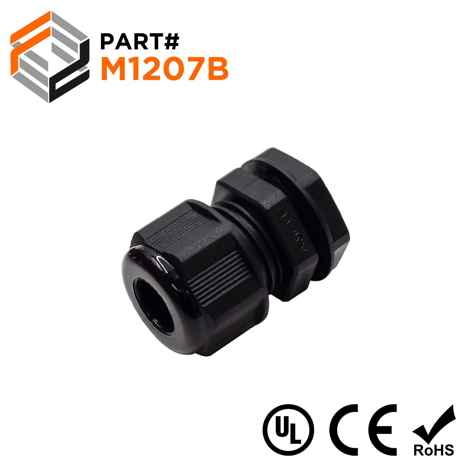 M1207B - M12 x 1.5mm Metric Thread Nylon Cable Gland, Black, Range: 1/8" to 1/4", UL Listed, IP68, IP69K - 1 Piece - Ferrules Direct