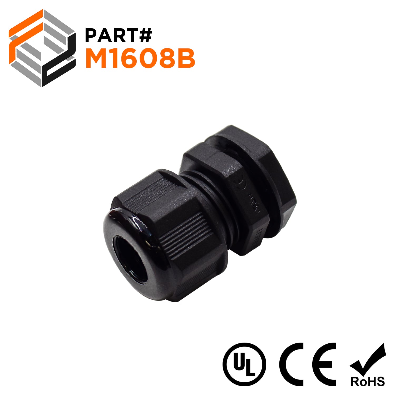 M1608B - M16 x 1.5mm Metric Thread Nylon Cable Gland, Black, Range: 3/16" to 5/16", UL Listed, IP68, IP69K - 1 Piece - Ferrules Direct