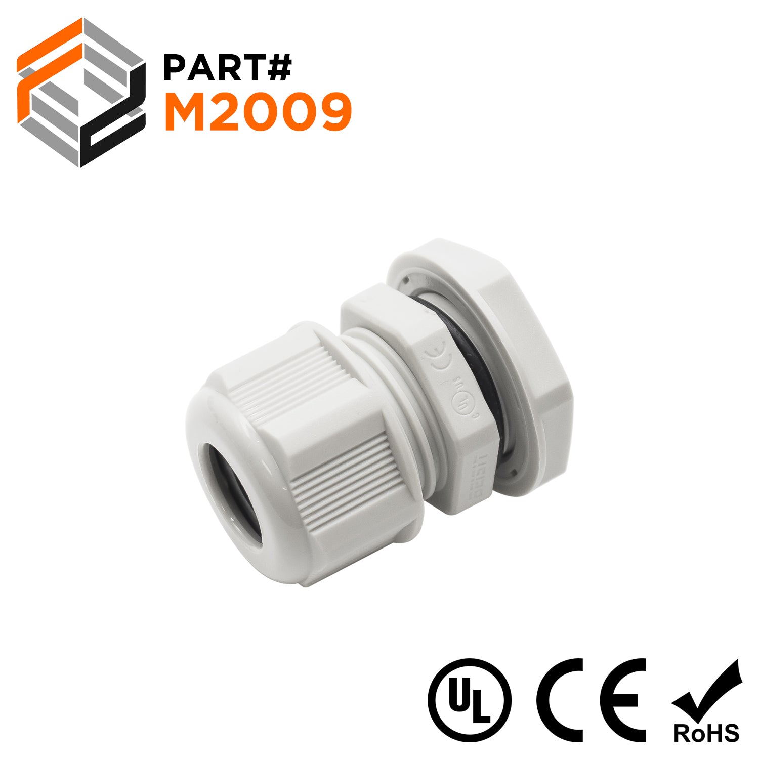 M2009GY - M20 x 1.5mm Metric Thread Nylon Cable Gland, Gray, Range: 3/16" to 3/8", UL Listed, IP68, IP69K - 1 Piece - Ferrules Direct