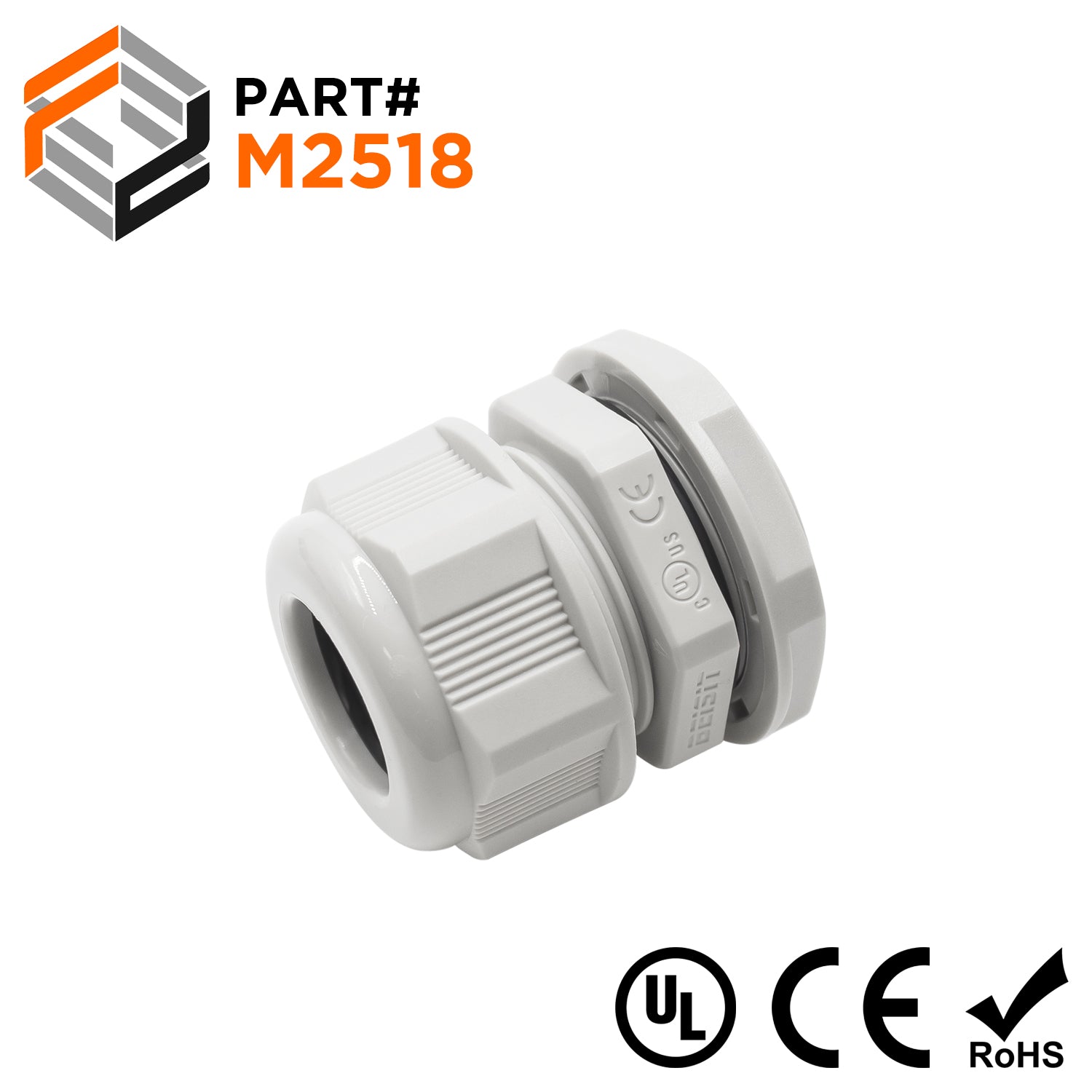 M2518GY - M25 x 1.5mm Metric Thread Nylon Cable Gland, Gray, Range: 1/2" to 11/16", UL Listed, IP68, IP69K - 1 Piece - Ferrules Direct
