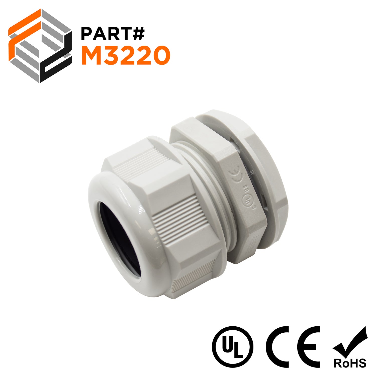 M3220GY - M32 x 1.5mm Metric Thread Nylon Cable Gland, Gray, Range: 1/2" to 13/16", UL Listed, IP68, IP69K - 1 Piece - Ferrules Direct