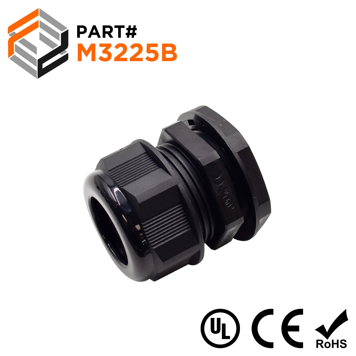 M3225B - M32 x 1.5mm Metric Thread Nylon Cable Gland, Black, Range: 11/16" to 1", UL Listed, IP68, IP69K - 1 Piece - Ferrules Direct