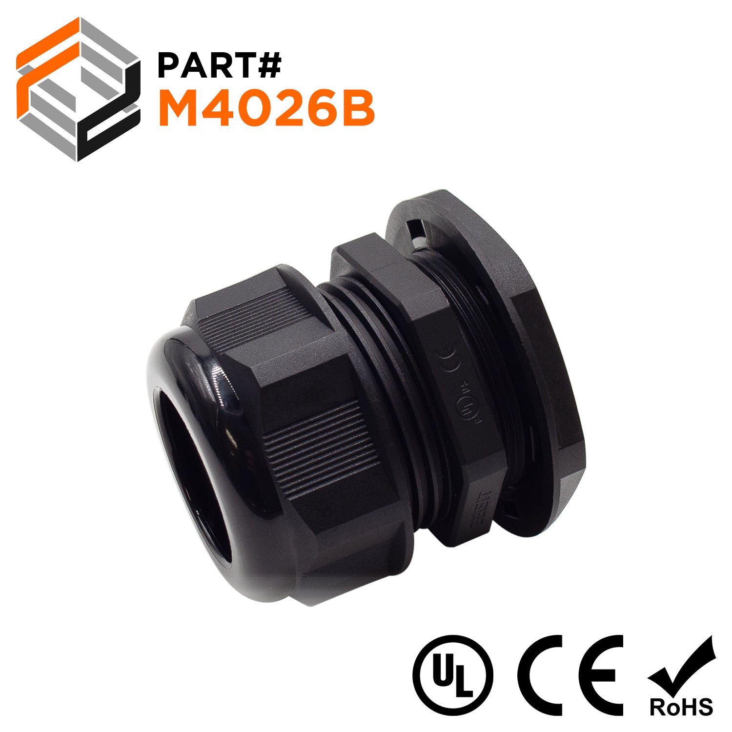 M4026B - M40 x 1.5mm Metric Thread Nylon Cable Gland, Black, Range: 13/16" to 1", UL Listed, IP68, IP69K - 1 Piece - Ferrules Direct