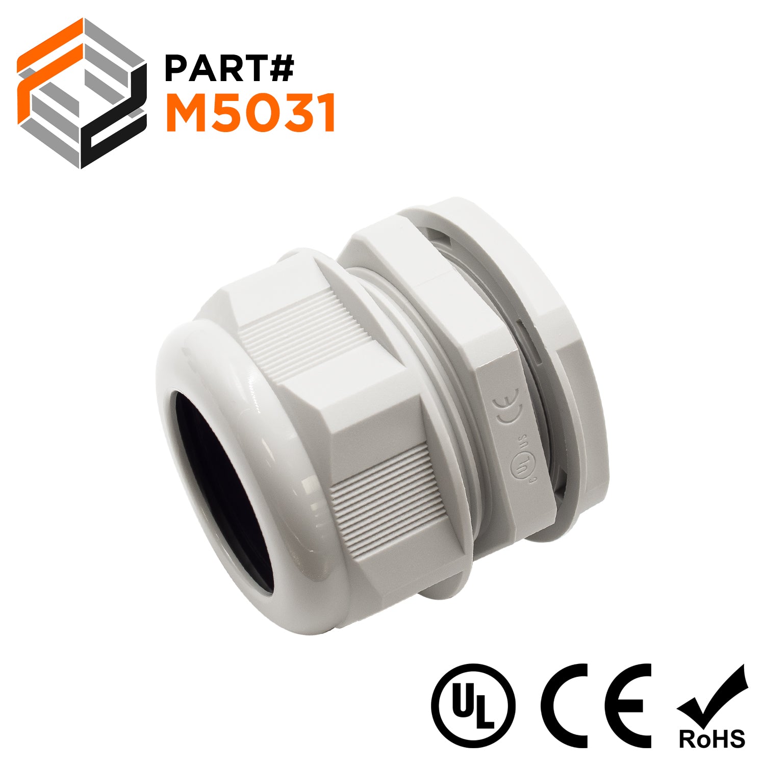 M5031GY - M50 x 1.5mm Metric Thread Nylon Cable Gland, Gray, Range: 1" to 1-1/4", UL Listed, IP68, IP69K - 1 Piece - Ferrules Direct