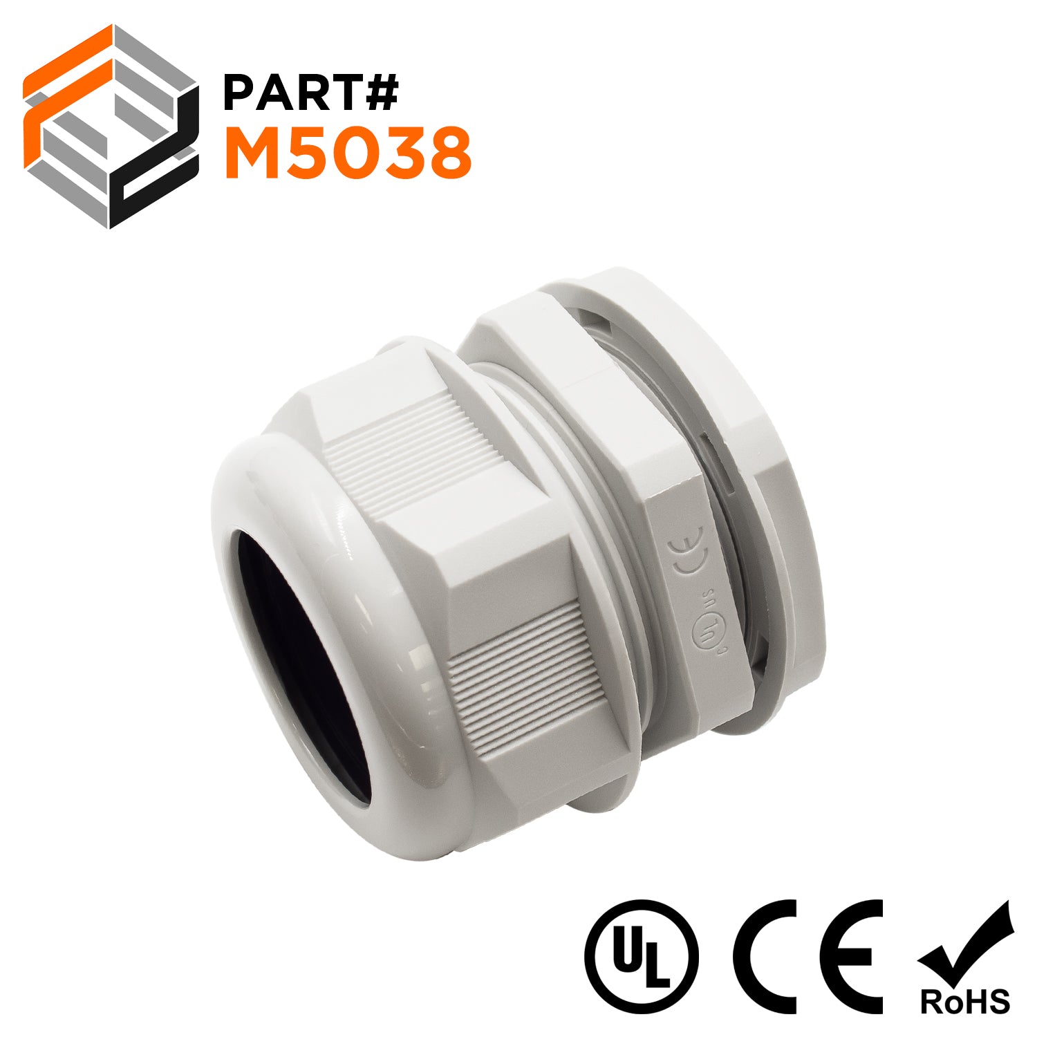 M5038GY - M50 x 1.5mm Metric Thread Nylon Cable Gland, Gray, Range: 1-1/4" to 1-1/2", UL Listed, IP68, IP69K - 1 Piece - Ferrules Direct