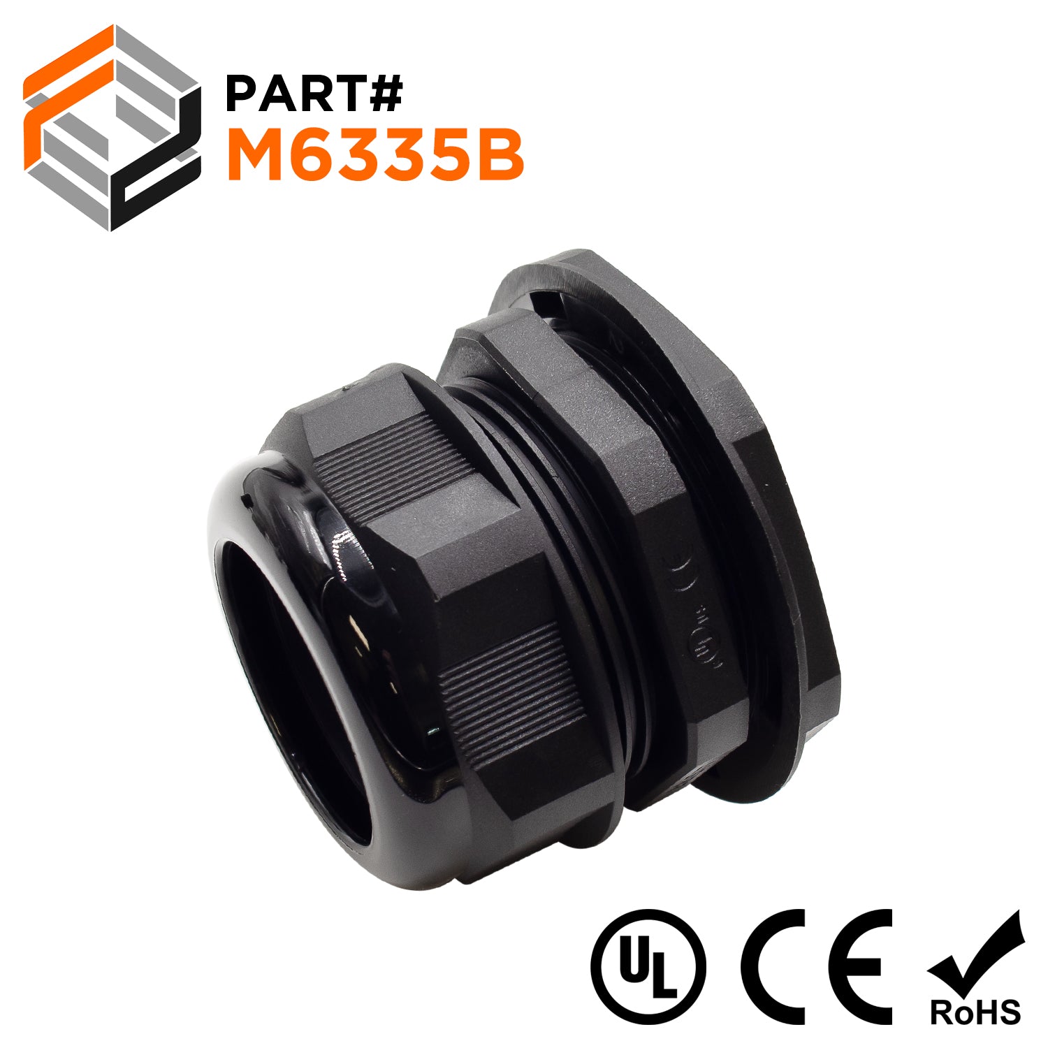 M6335B - M63 x 1.5mm Metric Thread Nylon Cable Gland, Black, Range: 1-1/8" to 1-3/8", UL Recognized, IP68 - Ferrules Direct