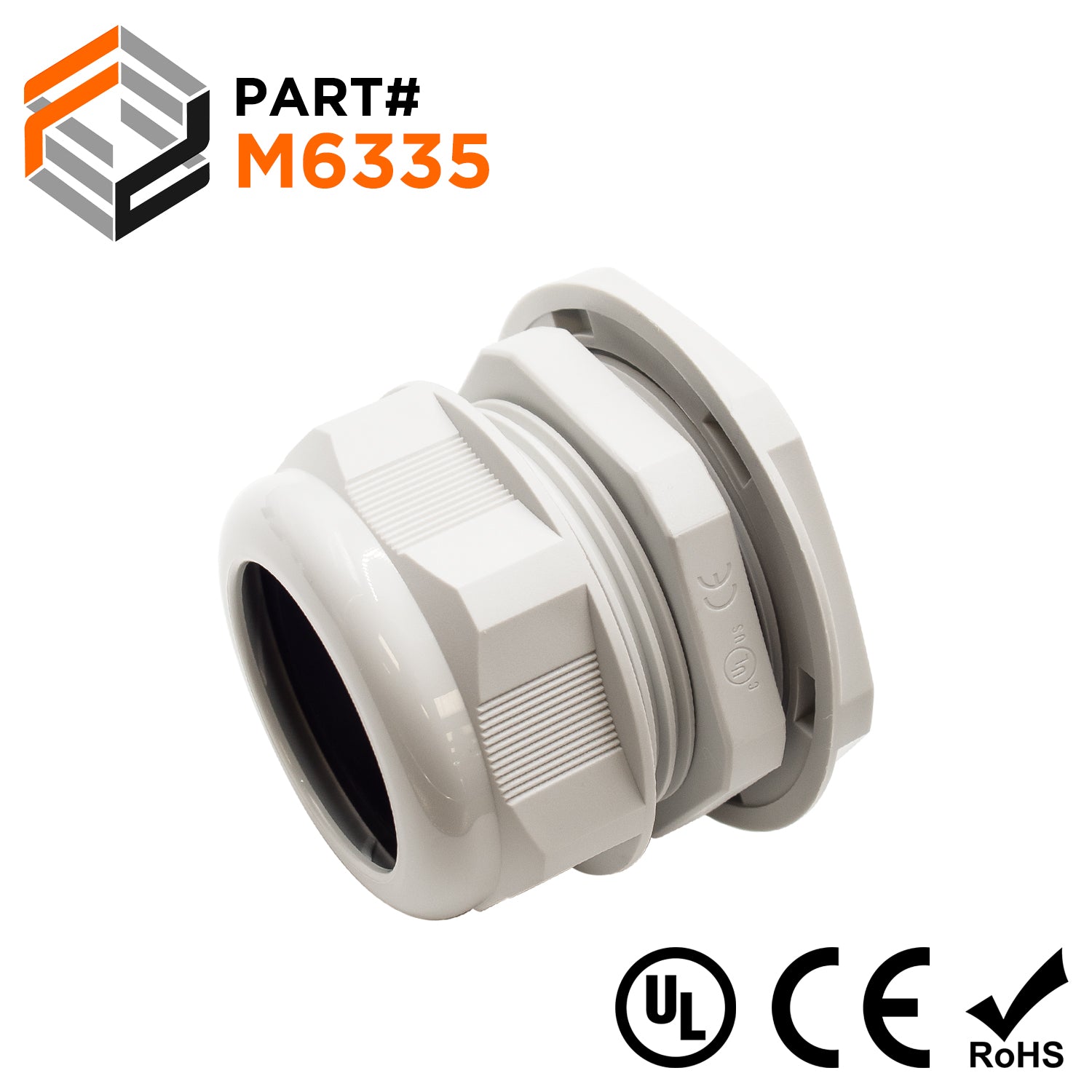 M6335GY - M63 x 1.5mm Metric Thread Nylon Cable Gland, Gray, Range: 1-1/8" to 1-3/8", UL Recognized, IP68 - Ferrules Direct