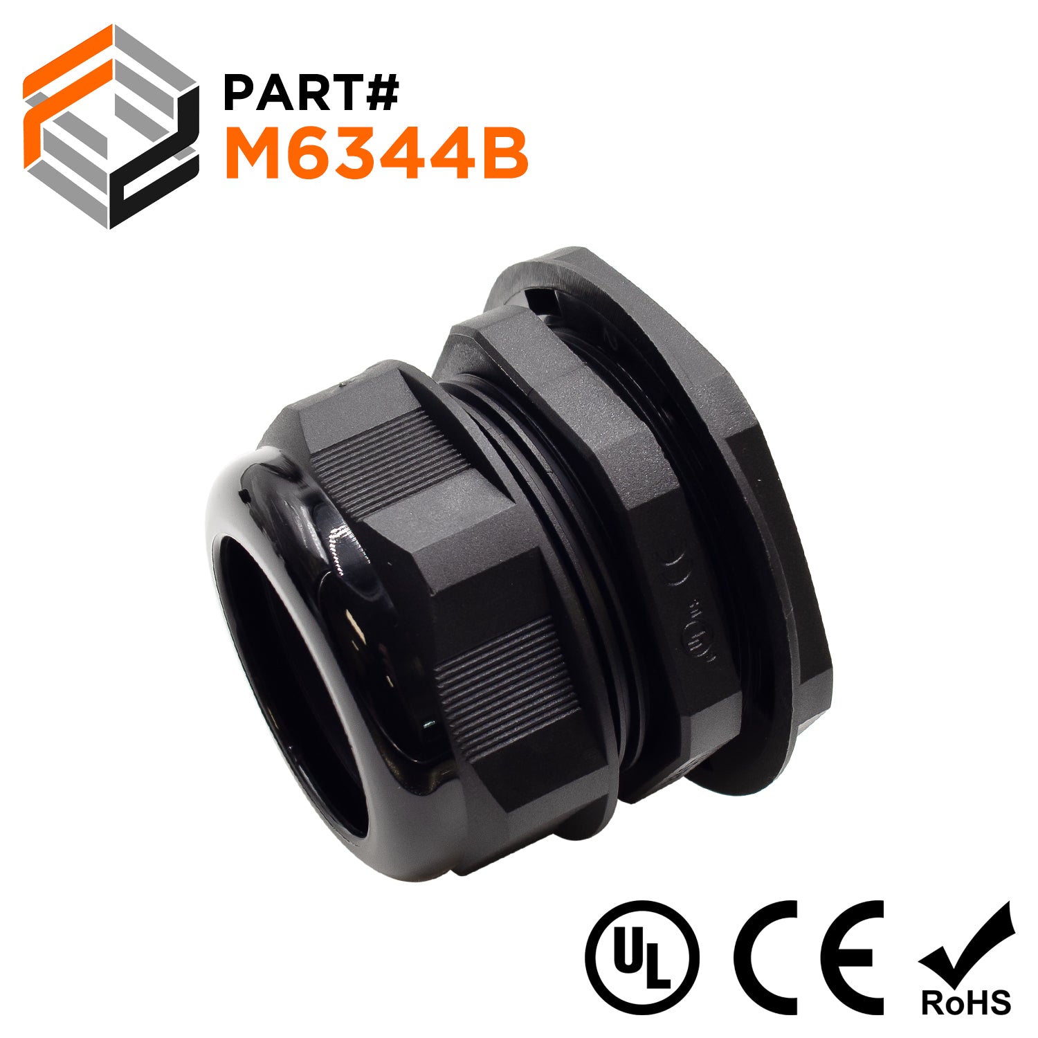 M6344B - M63 x 1.5mm Metric Thread Nylon Cable Gland, Black, Range: 1-7/16" to 1-3/4", UL Recognized, IP68 - Ferrules Direct