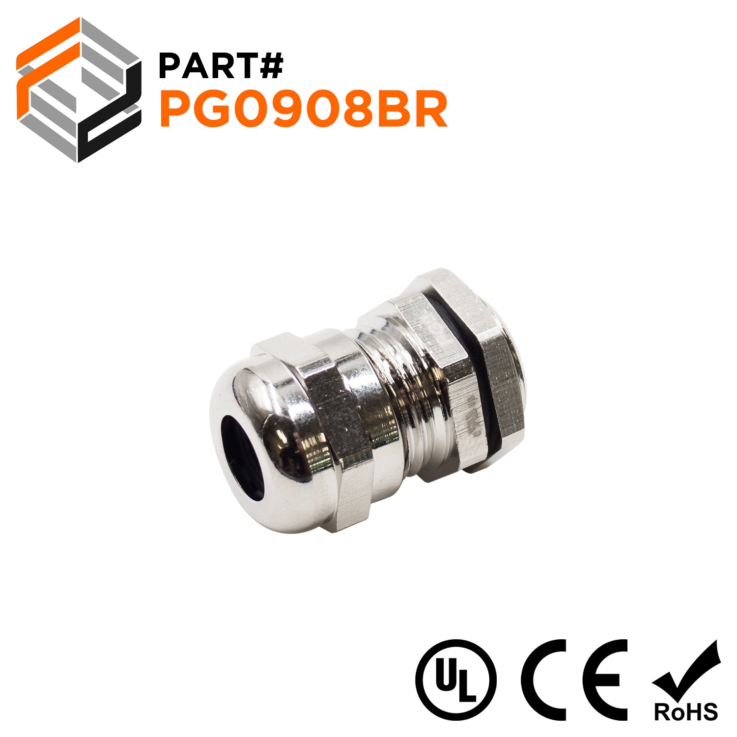 P0908BR - Thread Plated Brass Cable Gland, Range: 3/16" to 5/16", UL Listed, IP68, IP69K - 1 Piece - Ferrules Direct