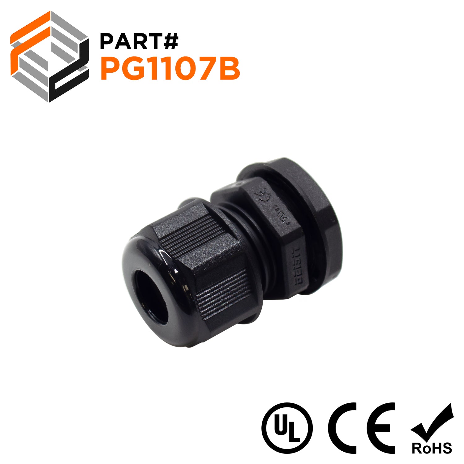 P1107B - PG11 Thread Nylon Cable Gland, Black, Range: 1/8" to 1/4", UL Listed, IP68, IP69K - 1 Piece - Ferrules Direct