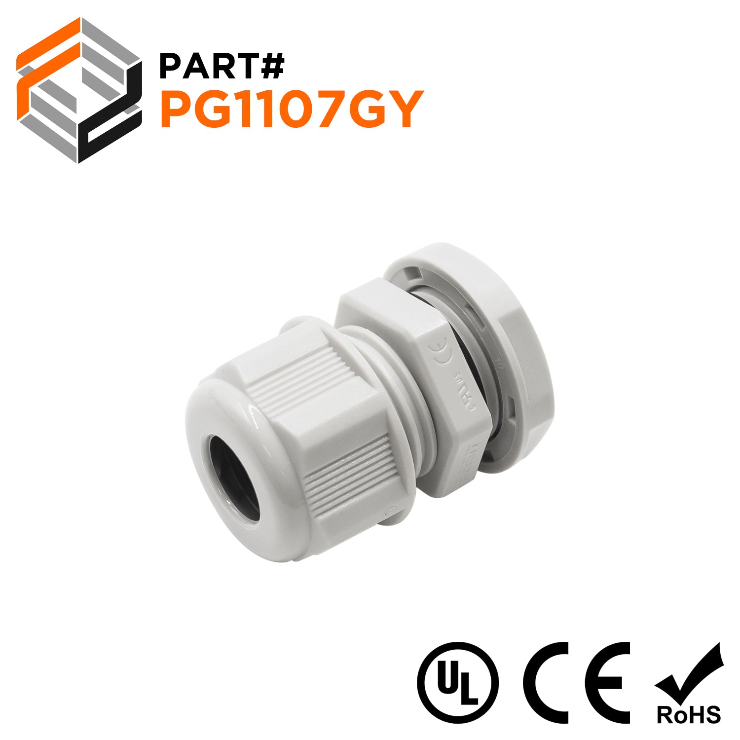 P1107GY - PG11 Thread Nylon Cable Gland, Gray, Range: 1/8" to 1/4", UL Listed, IP68, IP69K - 1 Piece - Ferrules Direct