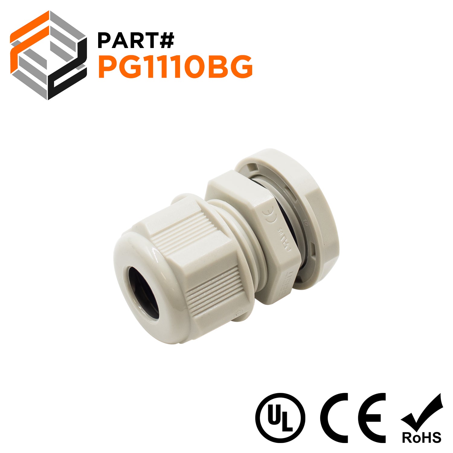 P1110BG - PG11 Thread Nylon Cable Gland, Beige, Range: 3/16" to 3/8", UL Listed, IP68, IP69K - 1 Piece - Ferrules Direct