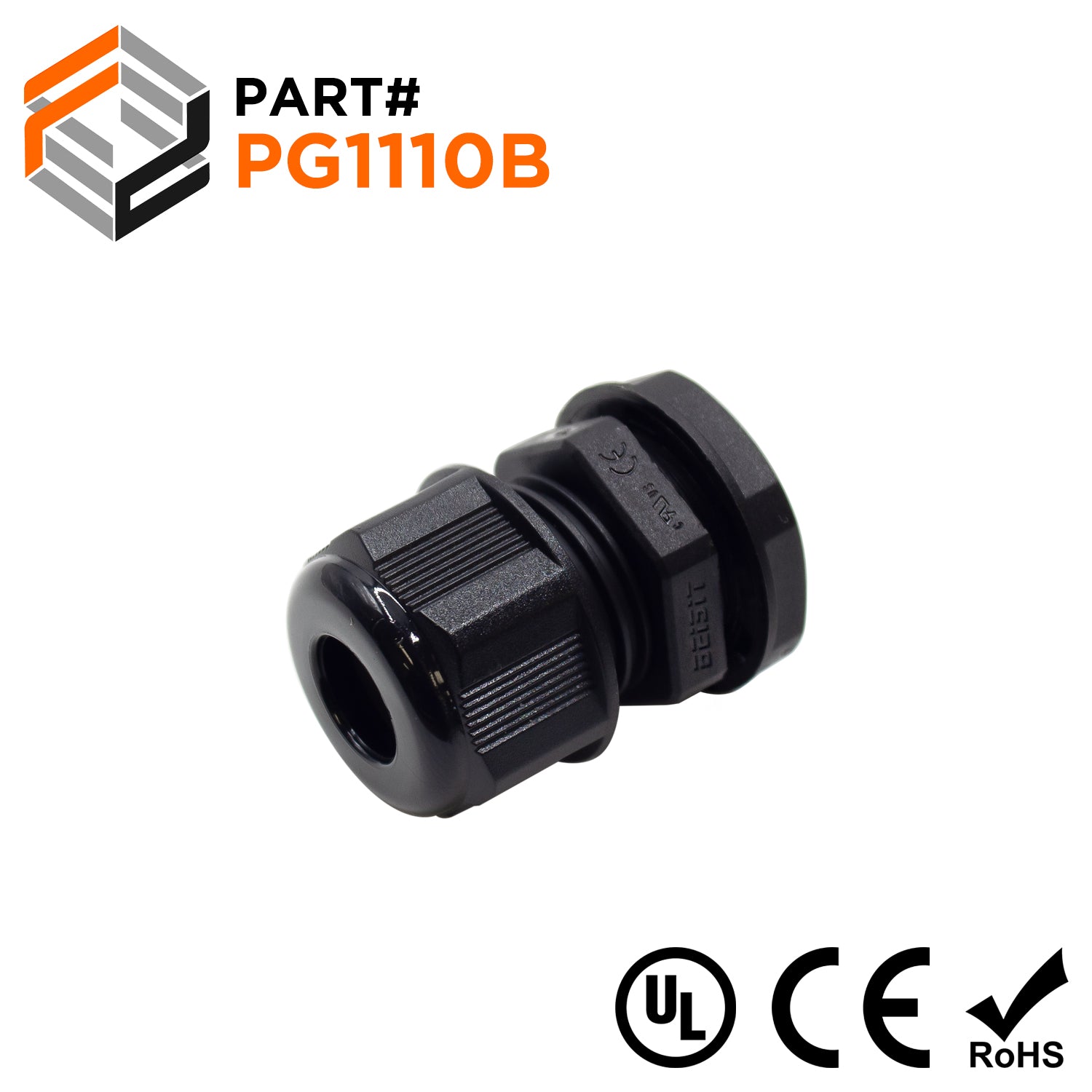 P1110B - PG11 Thread Nylon Cable Gland, Black, Range: 3/16" to 3/8", UL Listed, IP68, IP69K - 1 Piece - Ferrules Direct