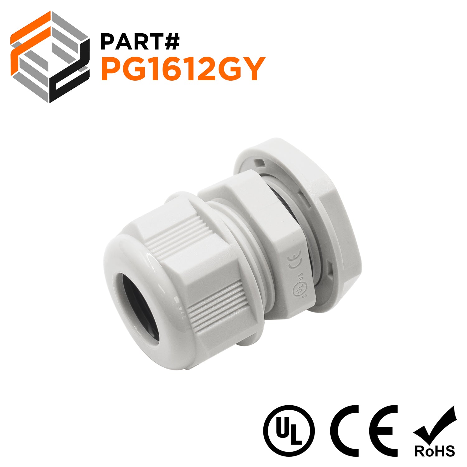 P1612GY - PG16 Thread Nylon Cable Gland, Gray, Range: 1/4" to 1/2", UL Listed, IP68, IP69K - 1 Piece - Ferrules Direct